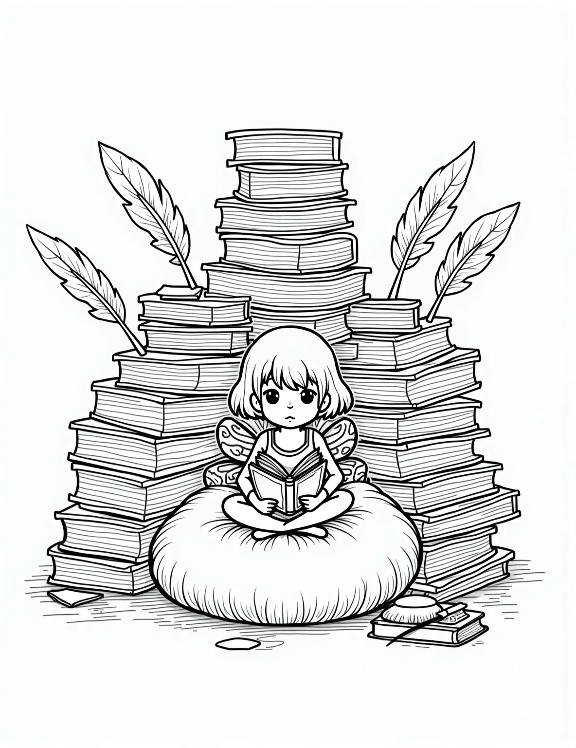 Fairy Book Nook Coloring Page -- prompt: "black lines only Delightful fairy, no bigger than a thimble, perched on plump cushion, engrossed in miniature book. Surrounded by towering tomes, oversized quills, and cozy nook. Simple, bold outlines perfect for coloring. Whimsical scene with large, open spaces to fill with vibrant hues. flat black lines, premium coloring page, coloring sheet, line drawing, Coloring Book, NO COLOR, NO SHADING, WHITE BACKGROUND. NO GRAY, BLACK AND WHITE, NO COLOR" -- Escape into a world of stories with this cozy fairy book nook coloring page. A tiny fairy is curled up reading in a nook made from stacked books and quills. This page is perfect for book lovers and those who appreciate the magic of reading.