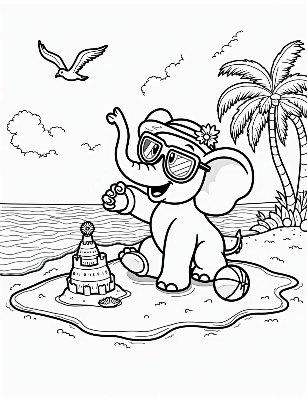 Elephant's Day at the Beach Coloring Page -- prompt: "black lines only Outlined elephant at sunny beach, oversized sunglasses, floppy hat. Trunk delicately crafting sandcastle turrets. Wavy ocean, swaying palms frame scene. Bold, simple shapes perfect for coloring. Cheerful expression, playful atmosphere. Seagulls, beach ball add fun elements. Remember to complete the phrase flat black lines, premium coloring page, coloring sheet, line drawing, Coloring Book, NO COLOR, NO SHADING, WHITE BACKGROUND. NO GRAY, BLACK AND WHITE, NO COLOR" -- Soak up the sun with this fun elephant beach day coloring page. The elephant is shown building a sandcastle, wearing sunglasses and a sun hat. This page brings together the joy of the beach and the charm of elephants for a delightful coloring experience.