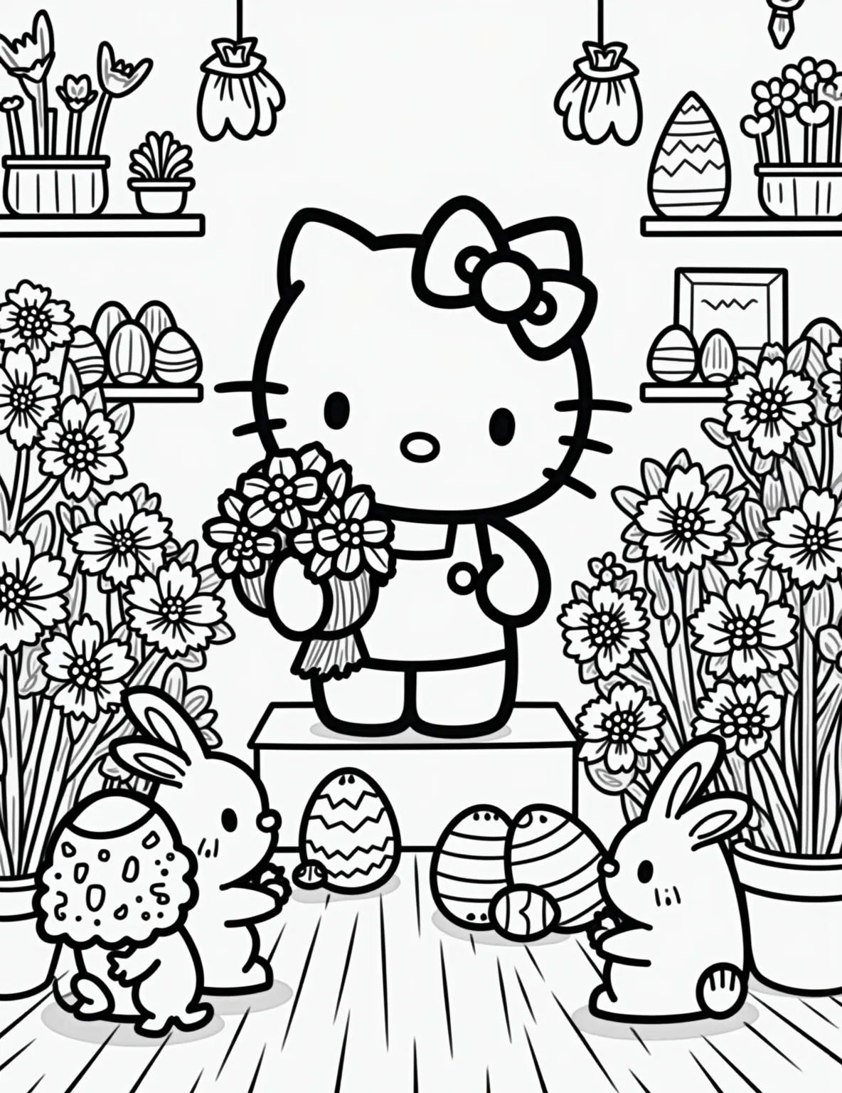 Hello Kitty's Easter Flower Shop -- prompt: "black lines only Hello Kitty, outlined in bold black lines, arranges Easter bouquets in a flower-filled shop. Simplified shapes of tulips, daffodils, and lilies surround her. Easter eggs and bunnies dot the scene. Empty spaces await coloring. Cheerful spring atmosphere radiates through the stylized composition. flat black lines, premium coloring page, coloring sheet, line drawing, Coloring Book, NO COLOR, NO SHADING, WHITE BACKGROUND. NO GRAY, BLACK AND WHITE, NO COLOR" -- Welcome to Hello Kitty's Easter flower shop in this charming coloring page. She's arranging beautiful spring bouquets with Easter lilies, daffodils, and tulips. The shop is decorated with Easter eggs and bunnies, creating a festive atmosphere.