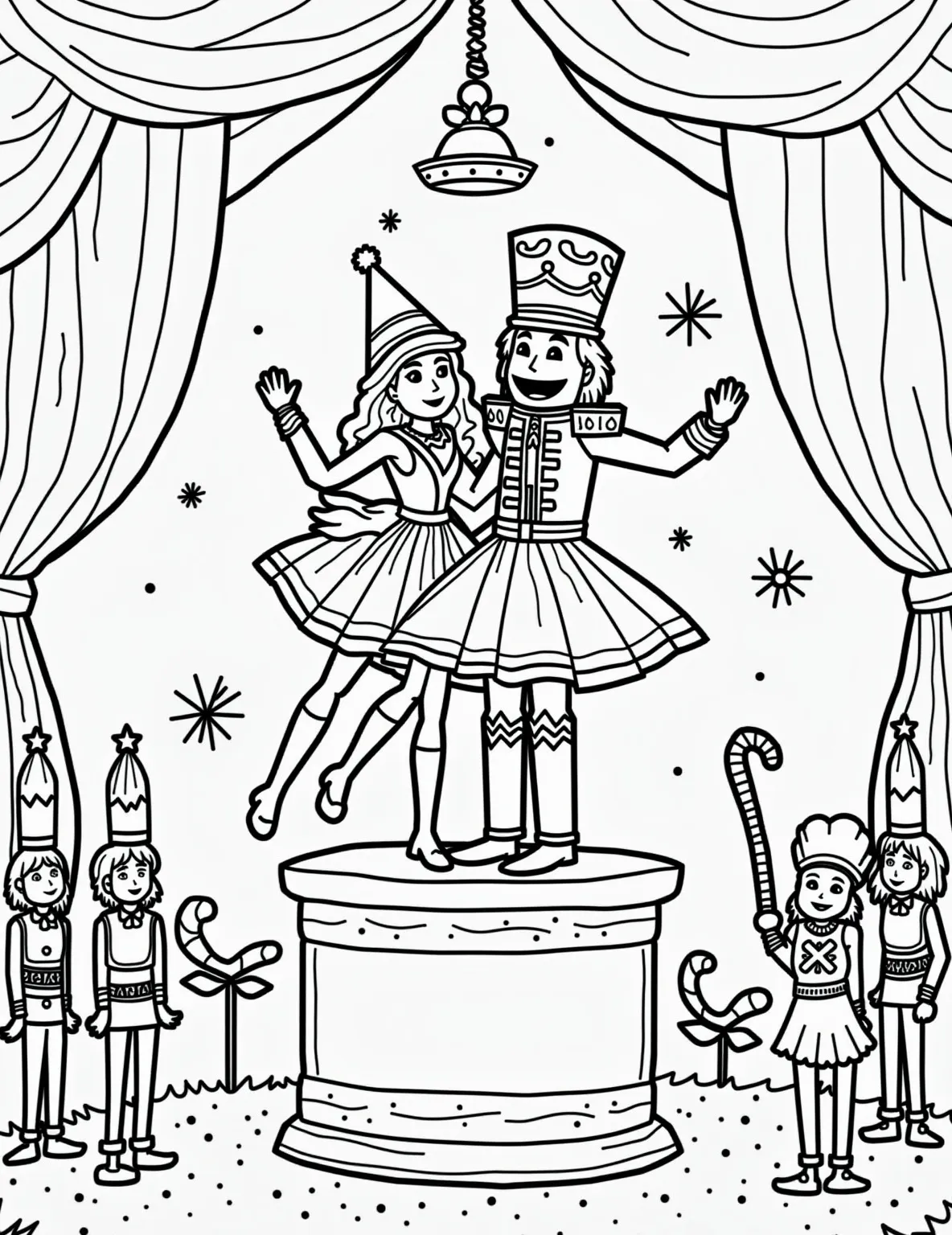 Elf's Nutcracker Ballet Performance -- prompt: "black lines only Cheerful Elf on the Shelf transforms into Nutcracker, pirouetting with Sugar Plum Fairy. Bold outlines frame their dance on a grand stage. Snowflakes, candy canes, and toy soldiers surround them. Simple shapes and patterns perfect for coloring. Joyful holiday scene awaits vibrant hues. flat black lines, premium coloring page, coloring sheet, line drawing, Coloring Book, NO COLOR, NO SHADING, WHITE BACKGROUND. NO GRAY, BLACK AND WHITE, NO COLOR" -- Enjoy a festive performance in this elegant coloring page. Our Elf on the Shelf is dressed as the Nutcracker Prince, dancing alongside a ballerina Sugar Plum Fairy. The elaborate costumes and graceful poses offer a delightful coloring challenge, perfect for fans of both Christmas and ballet.