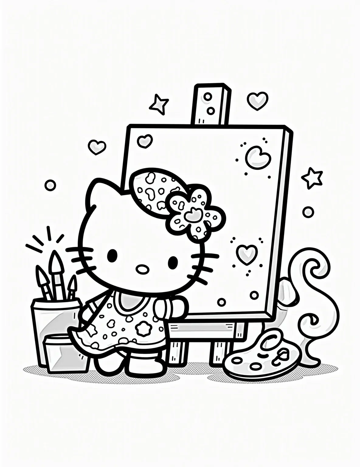 Hello Kitty's Art Class -- prompt: "black lines only Hello Kitty, wearing a beret and smock, sits at an oversized easel. Thick black outlines define her and surrounding objects: paint tubes, brushes, palette, and abstract sculpture. Studio space features dotted patterns and empty areas awaiting colorful imagination. Cheerful, creative atmosphere invites artistic exploration. flat black lines, premium coloring page, coloring sheet, line drawing, Coloring Book, NO COLOR, NO SHADING, WHITE BACKGROUND. NO GRAY, BLACK AND WHITE, NO COLOR" -- Join Hello Kitty in an art class with this creative coloring page! She's standing at an easel, paintbrush in hand, creating a colorful masterpiece. The scene includes art supplies like paint tubes, palettes, and even a sculpture. It's a perfect page for budding artists to express their creativity.