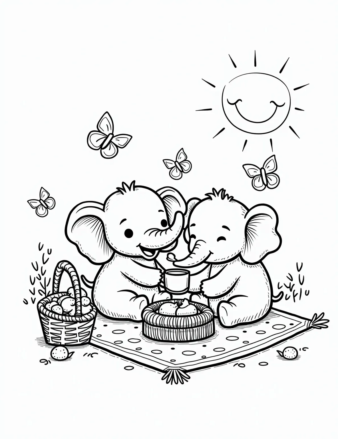 Elephant Family Picnic Coloring Page -- prompt: "black lines only Elephant family picnic on polka-dot blanket. Parent spoon-feeds giggling baby elephant. Nearby adult balances teacup on trunk. Wicker basket overflows with fruits. Bold outlines, simple shapes. Leaves frame scene. Floating butterflies. Smiling sun peeks from corner. Coloring book page awaits vibrant hues. flat black lines, premium coloring page, coloring sheet, line drawing, Coloring Book, NO COLOR, NO SHADING, WHITE BACKGROUND. NO GRAY, BLACK AND WHITE, NO COLOR" -- This heartwarming scene depicts an elephant family enjoying a picnic together. A parent elephant is shown sharing food with its calf, while another adult watches over them. The background includes a simple picnic setup with a blanket and basket.