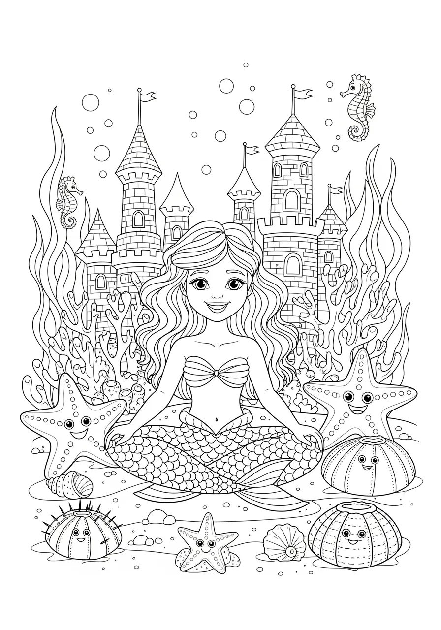 Mermaid's Starfish and Sea Urchin Friends Coloring Page -- prompt: "black lines only Cheerful mermaid with flowing hair sits cross-legged among oversized starfish and spiky sea urchins, bold black outlines define coral formations, seaweed clusters, and scattered seashells across sandy ocean floor, perfect for coloring book pages flat black lines, premium coloring page, coloring sheet, line drawing, Coloring Book, NO COLOR, NO SHADING, WHITE BACKGROUND. NO GRAY, BLACK AND WHITE, NO COLOR" -- Surrounded by colorful starfish and textured sea urchins, this mermaid creates a harmonious scene with her spiny sea creature friends. The varied textures of the different sea animals provide excellent opportunities for experimenting with different coloring techniques. The peaceful composition promotes relaxation and creativity.