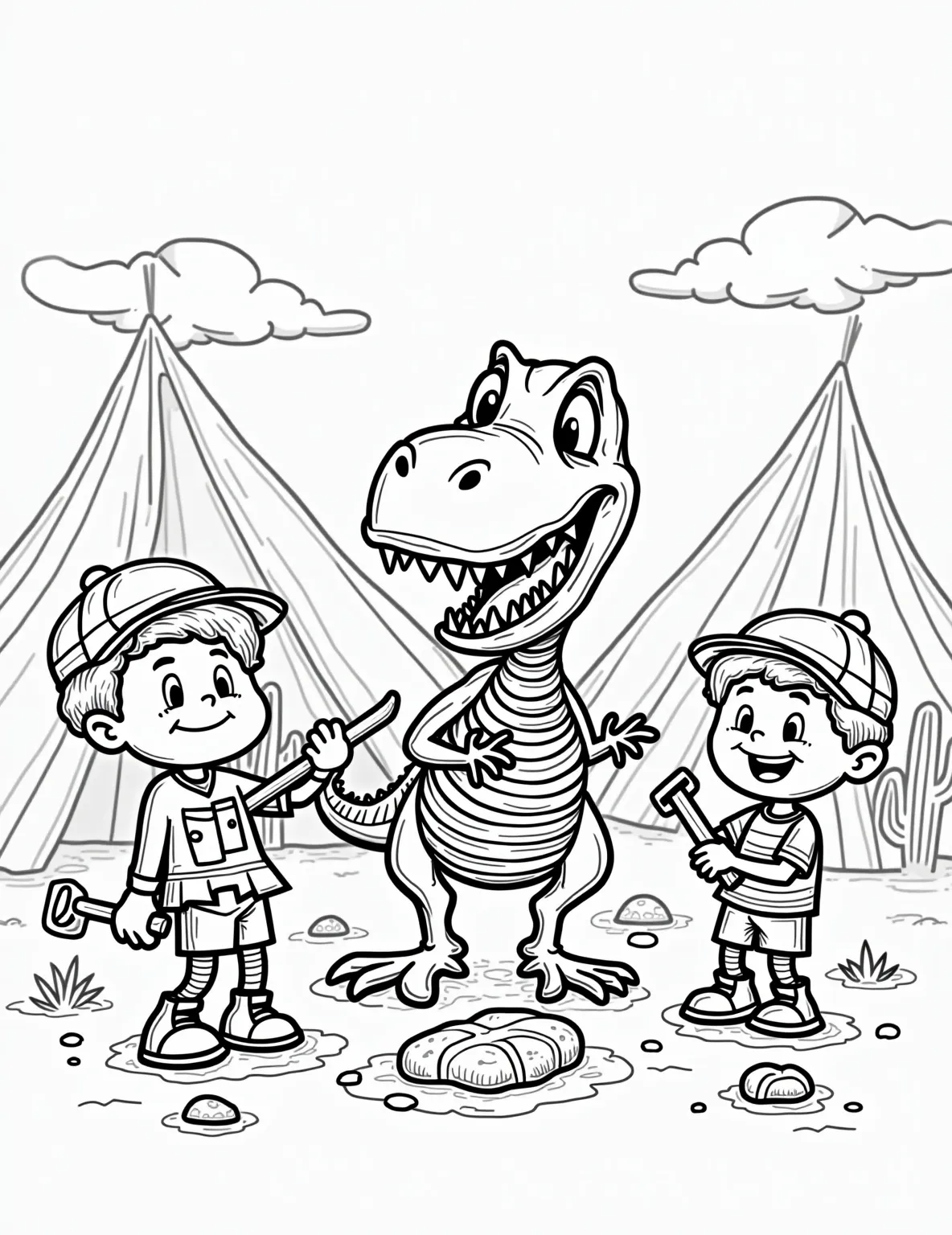 Dinosaur Fossil Dig Adventure Coloring Page -- prompt: "black lines only Cheerful cartoon boys with oversized tools unearth a grinning T-Rex skeleton in a sun-drenched desert. Striped tents, cactus patterns, and playful fossils frame the scene. Bold outlines and simple shapes create an engaging, kid-friendly coloring page adventure. Paleontology meets flat black lines, premium coloring page, coloring sheet, line drawing, Coloring Book, NO COLOR, NO SHADING, WHITE BACKGROUND. NO GRAY, BLACK AND WHITE, NO COLOR" -- Embark on a prehistoric journey with this exciting coloring page showcasing a group of young boys on a dinosaur fossil dig. The scene depicts the budding paleontologists carefully excavating a massive dinosaur skeleton in a rugged desert landscape. This page is ideal for boys who love dinosaurs and dream of making big discoveries.