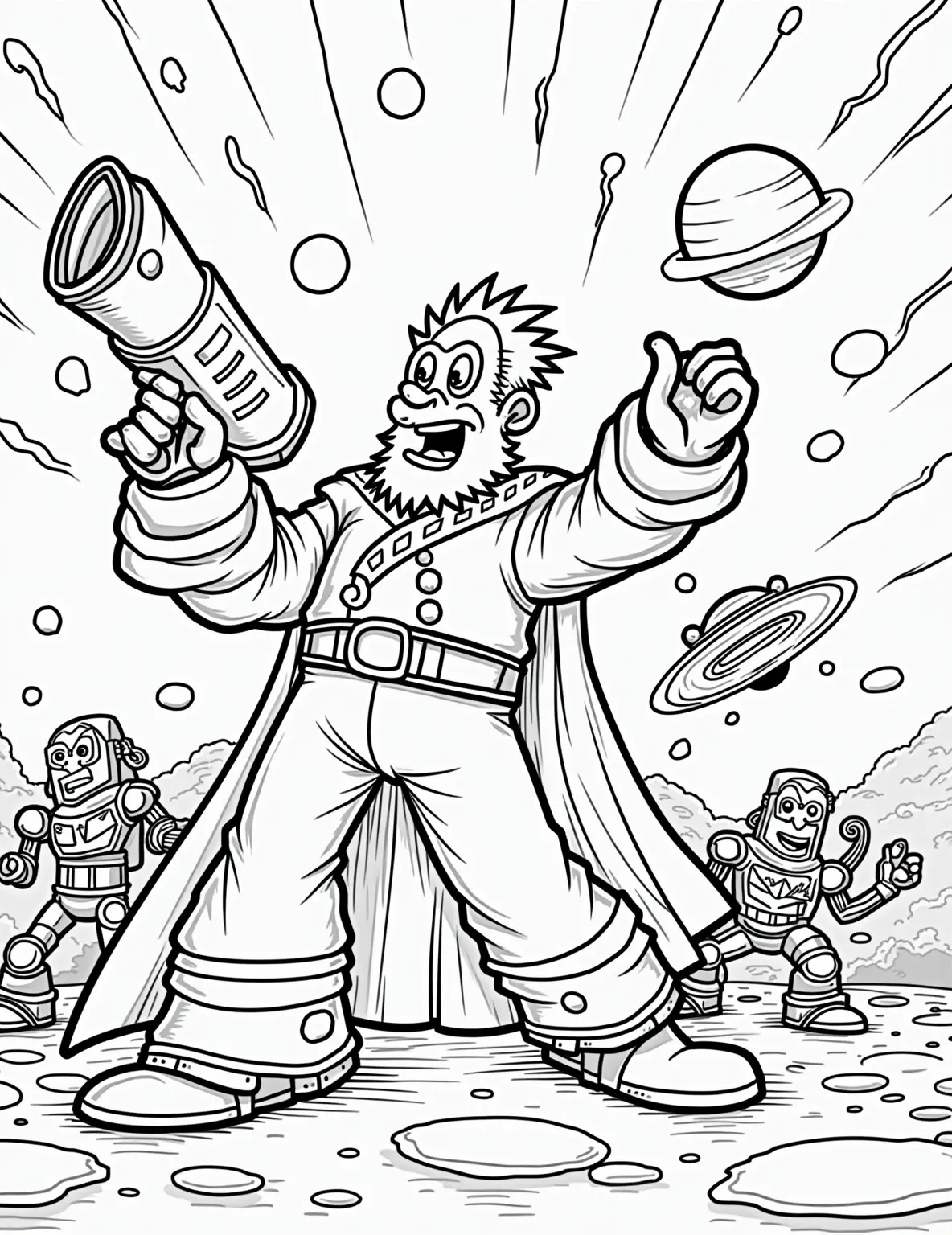 Zurg's Galactic Showdown Coloring Page -- prompt: "black lines only Emperor Zurg, menacing space villain, strikes a dynamic pose. His ion blaster crackles with energy. Robotic minions and starships surround him. Planetary rings and nebulae form the backdrop. Bold outlines define each element, perfect for coloring. Empty spaces await vibrant hues. flat black lines, premium coloring page, coloring sheet, line drawing, Coloring Book, NO COLOR, NO SHADING, WHITE BACKGROUND. NO GRAY, BLACK AND WHITE, NO COLOR" -- Prepare for an epic space battle in this action-packed coloring page featuring the evil Emperor Zurg! This detailed scene shows Zurg wielding his ion blaster amidst a futuristic battlefield, perfect for older Toy Story fans and sci-fi enthusiasts. Colorists will enjoy bringing to life the intricate details of Zurg's armor and the high-tech weaponry surrounding him.