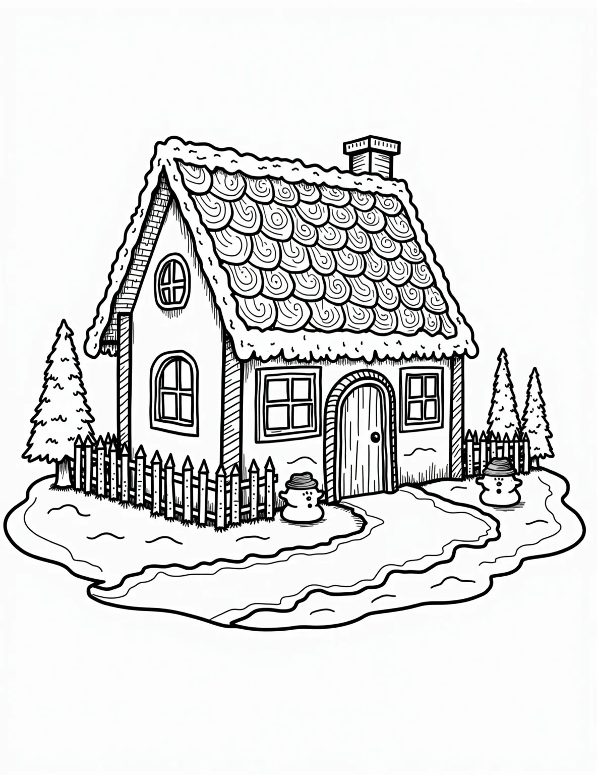 Cheerful Gingerbread House with Christmas Lights Coloring Page -- prompt: "black lines only Whimsical gingerbread house outline with bold, thick lines. Candy cane pillars, gumdrop roof tiles, and pretzel fences. Christmas lights string across eaves. Swirling icing details on walls. Peppermint walkway leads to chocolate door. Lollipop trees and marshmallow snowmen surround. Coloring book style with large, simple shapes. flat black lines, premium coloring page, coloring sheet, line drawing, Coloring Book, NO COLOR, NO SHADING, WHITE BACKGROUND. NO GRAY, BLACK AND WHITE, NO COLOR" -- This delightful coloring page features a charming gingerbread house outlined in strings of colorful Christmas lights. Candy canes, gumdrops, and icing details add to the whimsical design. It's a perfect blend of two beloved holiday traditions - gingerbread houses and festive lights.