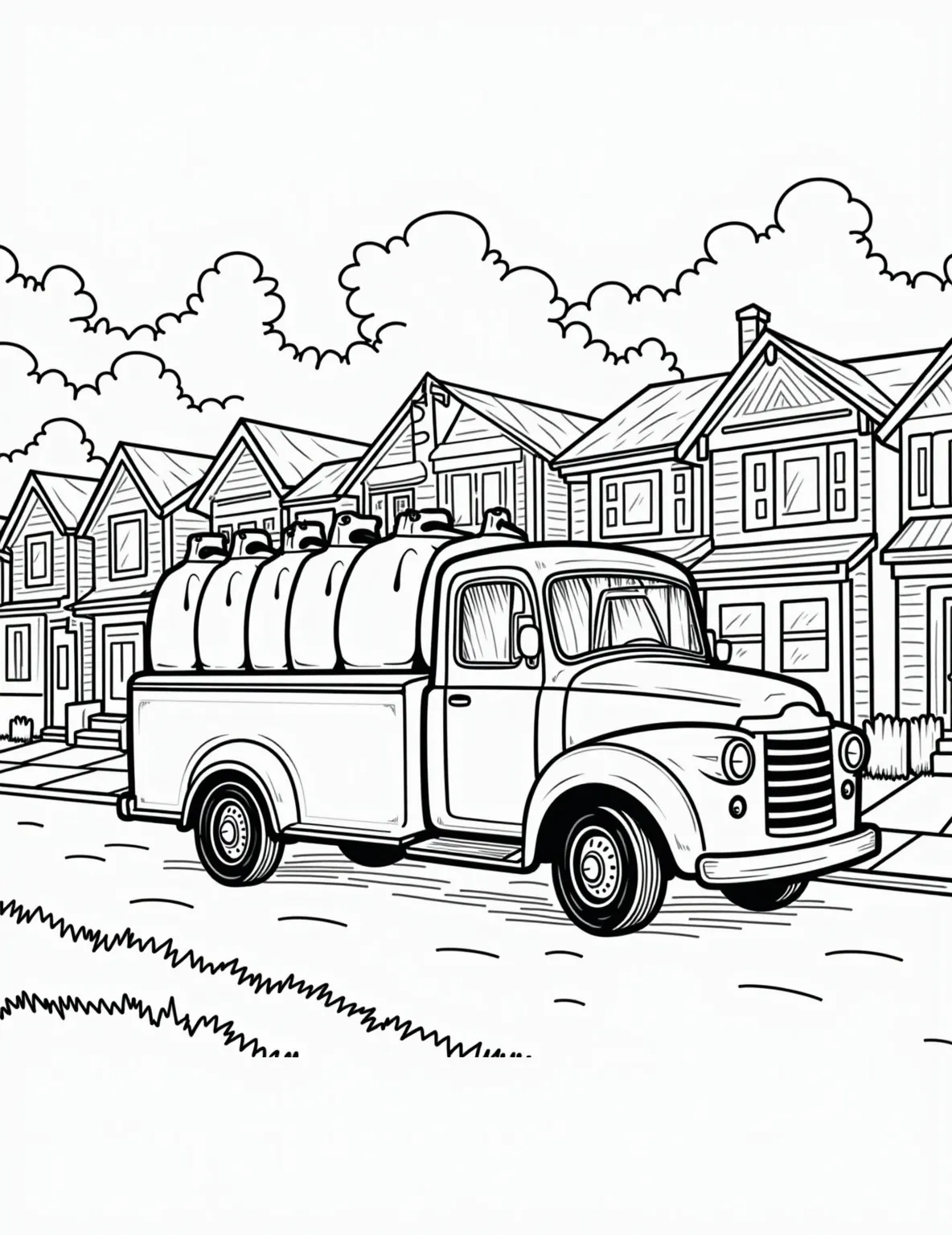 Vintage Milk Truck -- prompt: "black lines only Chunky outlines frame a cheerful 1950s milk truck, its rounded shape exaggerated. Smiling milk bottles peek from the back. Stylized houses line a curvy street. Bold, simple patterns adorn surfaces. Empty spaces await colorful crayons. Nostalgic charm radiates throughout the scene. flat black lines, premium coloring page, coloring sheet, line drawing, Coloring Book, NO COLOR, NO SHADING, WHITE BACKGROUND. NO GRAY, BLACK AND WHITE, NO COLOR" -- Take a step back in time with this Vintage Milk Truck coloring page! This charming vehicle from yesteryear is shown making its rounds in a quaint neighborhood. It's ideal for those who appreciate nostalgia and the simpler times of door-to-door milk delivery.