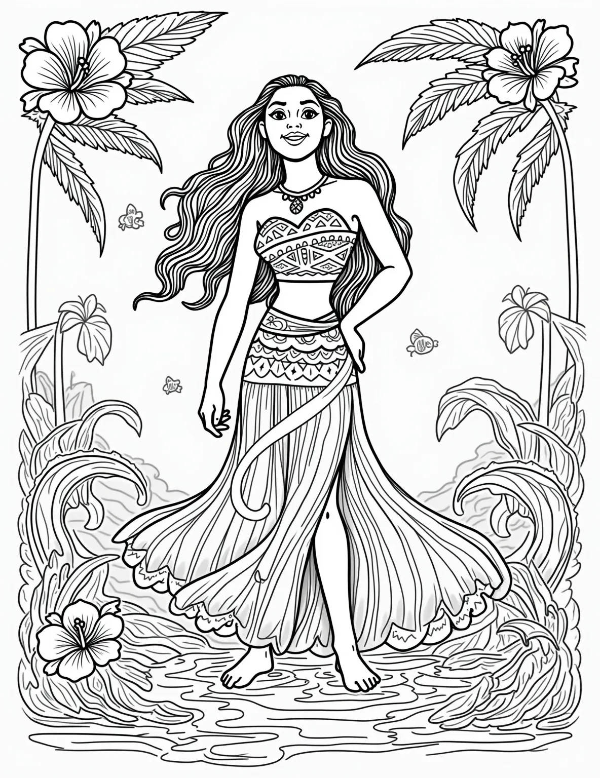 Moana's Island Paradise -- prompt: "black lines only Moana, with flowing hair and floral dress, tends to vibrant hibiscus and palm trees. Ocean waves curl in background. Bold outlines define each element. Tropical fish, seashells, and coconuts scatter the scene. Empty spaces await colorful creativity. Polynesian-inspired patterns frame the flat black lines, premium coloring page, coloring sheet, line drawing, Coloring Book, NO COLOR, NO SHADING, WHITE BACKGROUND. NO GRAY, BLACK AND WHITE, NO COLOR" -- Explore the beauty of Motunui with this tropical coloring page featuring Moana. Our adventurous princess is shown harvesting coconuts and tending to the island's lush vegetation. The ocean sparkles in the background, calling Moana to her next great journey.