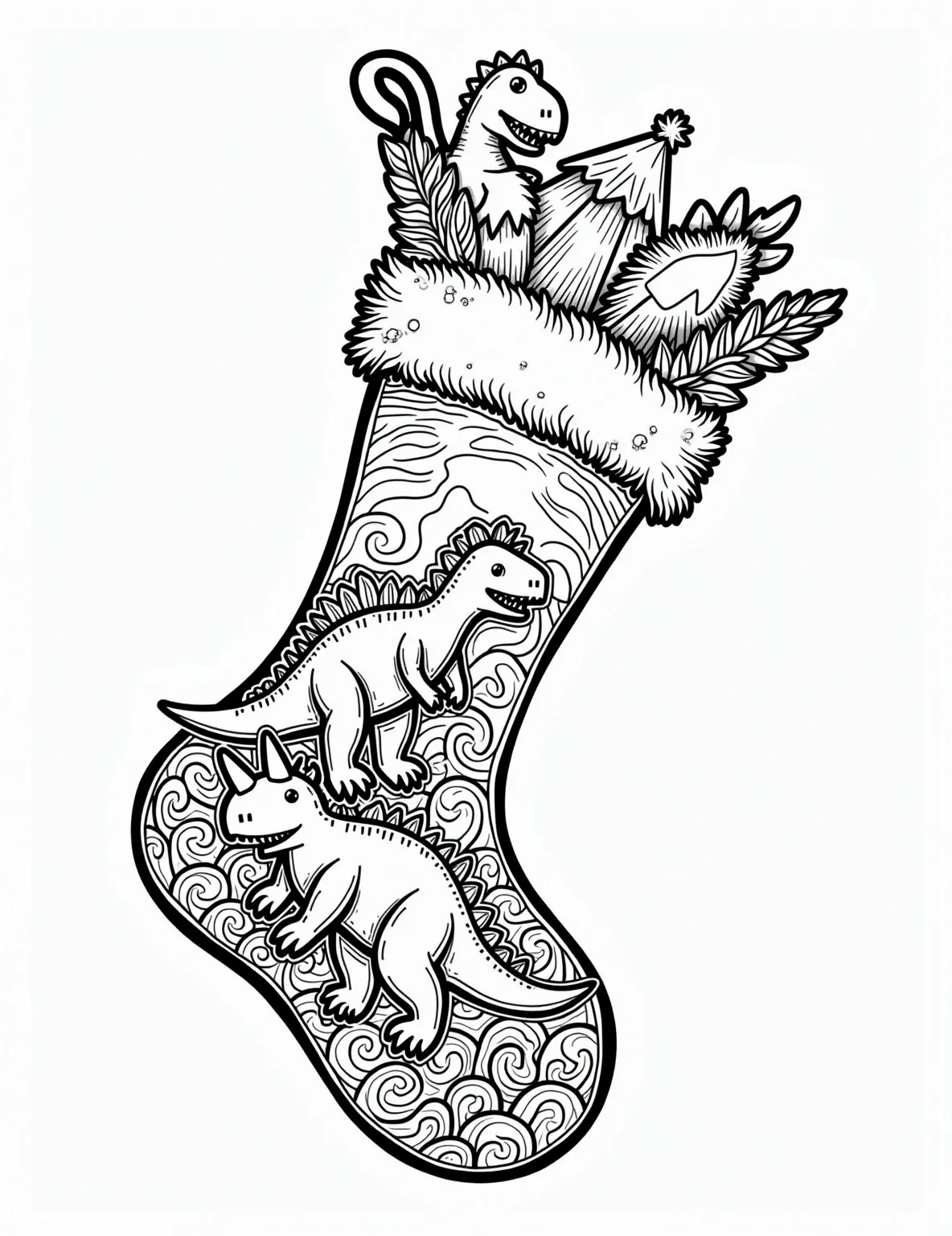 Dinosaur Adventure Stocking Coloring Page -- prompt: "black lines only Joyful Christmas stocking outline bursting with prehistoric wonder. Bold, simplified dinosaur shapes roam amidst chunky volcanoes and stylized ferns. Playful T-Rex, Stegosaurus, and Triceratops cavort inside. Cuff adorned with oversized, cartoonish dino footprints. Thick lines perfect for coloring. flat black lines, premium coloring page, coloring sheet, line drawing, Coloring Book, NO COLOR, NO SHADING, WHITE BACKGROUND. NO GRAY, BLACK AND WHITE, NO COLOR" -- This prehistoric coloring page features a stocking filled with a dinosaur scene. The stocking showcases various dinosaur species, volcanoes, and prehistoric plants. Dinosaur footprints decorate the cuff of the stocking.