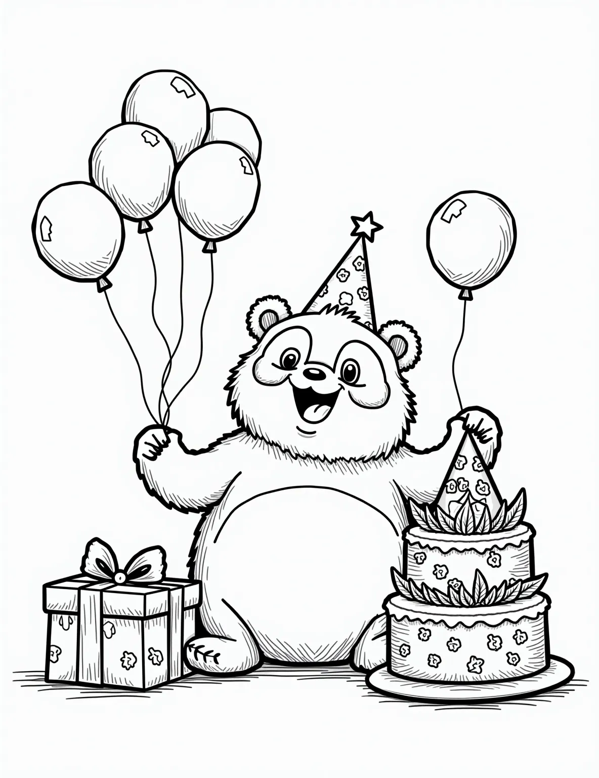 Panda's Birthday Party Coloring Page -- prompt: "black lines only Adorable panda bear with wide eyes and round belly, wearing a pointy party hat. Surrounded by bamboo-shaped balloons, gift boxes, and a tiered cake decorated with bamboo leaves. Bold outlines, simple shapes, and blank spaces for coloring. Joyful birthday scene with festive elements. flat black lines, premium coloring page, coloring sheet, line drawing, Coloring Book, NO COLOR, NO SHADING, WHITE BACKGROUND. NO GRAY, BLACK AND WHITE, NO COLOR" -- Join the celebration with this festive coloring page of a panda's birthday party. The scene includes a panda wearing a party hat, surrounded by balloons, gifts, and a bamboo-themed birthday cake. This page is perfect for using a bright, cheerful color palette and adding plenty of decorative details.