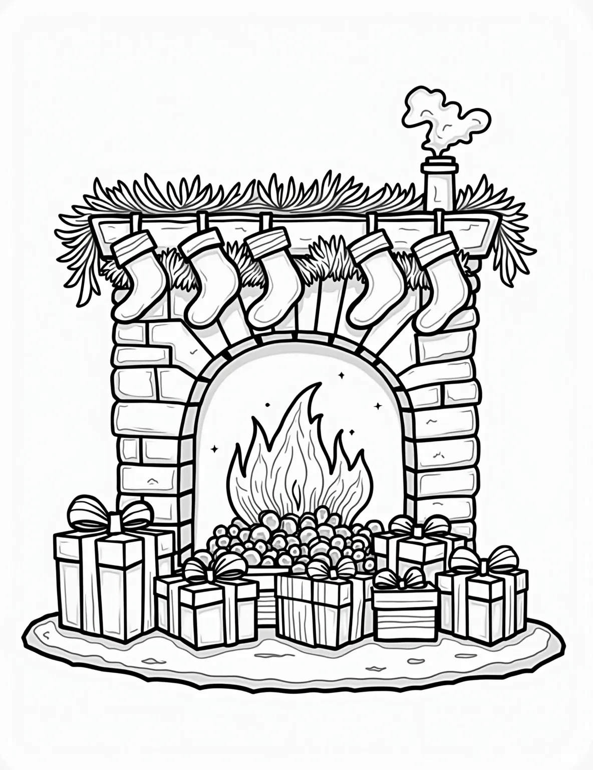 Cozy Fireplace Stocking Coloring Page -- prompt: "black lines only Adorable cartoon fireplace outline with chunky stockings dangling from scalloped mantel. Stylized flames dance in hearth. Oversized gift boxes with exaggerated bows pile beneath. Bold, simple shapes perfect for coloring. Curly smoke swirls from chimney. Cozy scene begs for vibrant hues. flat black lines, premium coloring page, coloring sheet, line drawing, Coloring Book, NO COLOR, NO SHADING, WHITE BACKGROUND. NO GRAY, BLACK AND WHITE, NO COLOR" -- This warm and inviting scene showcases a traditional fireplace with stockings hung with care. A crackling fire illuminates the room, casting a soft glow on the decorated mantel. Presents are piled beneath the stockings, adding to the festive atmosphere.