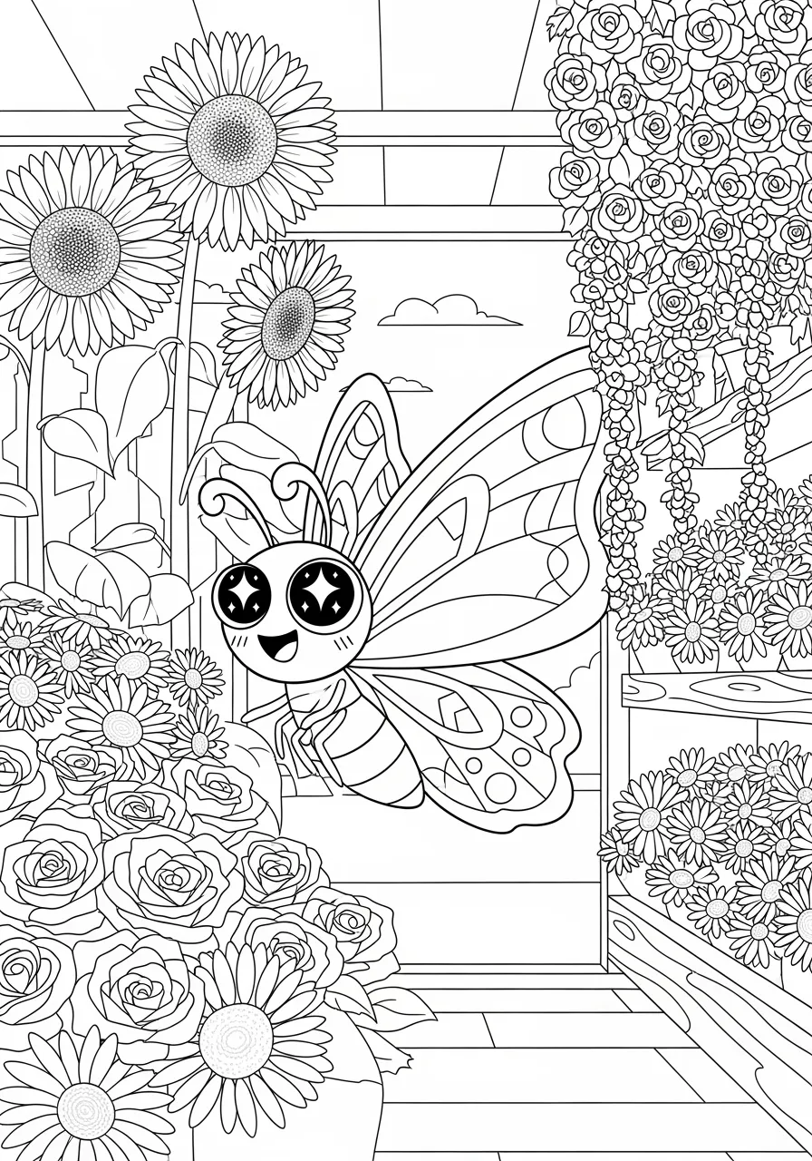 Friendly Butterfly's Flower Shop Visit Coloring Page -- prompt: "black lines only Cheerful cartoon butterfly with large expressive eyes and patterned wings explores bustling flower shop, thick black outlines, simple shapes, potted sunflowers, roses, daisies arranged on wooden shelves, clean line art perfect for coloring flat black lines, premium coloring page, coloring sheet, line drawing, Coloring Book, NO COLOR, NO SHADING, WHITE BACKGROUND. NO GRAY, BLACK AND WHITE, NO COLOR" -- Join this cheerful butterfly as it explores a delightful flower shop filled with colorful blooms and friendly garden characters. This whimsical scene is specifically designed for young children, featuring simple lines and recognizable shapes that make coloring easy and fun. The playful atmosphere encourages creativity while teaching kids about different types of flowers and the special relationship between butterflies and their favorite nectar sources.