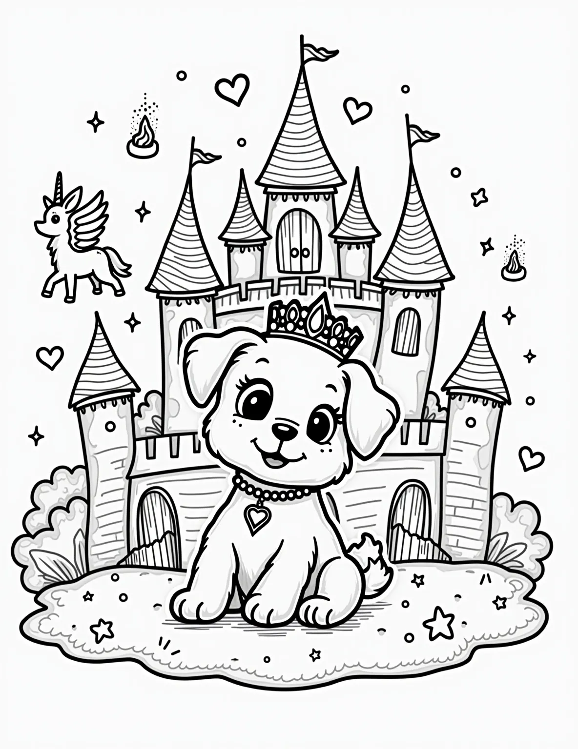 Puppy's Magical Fairy Tale Castle Coloring Page -- prompt: "black lines only Adorable puppy wearing ornate crown, exploring whimsical fairy tale castle. Thick outlines define floating candles, mystical creatures, and enchanted objects. Simple shapes, bold patterns, and empty spaces await colorful imagination. Castle turrets, magical doorways, and playful details create charming coloring page. Cute flat black lines, premium coloring page, coloring sheet, line drawing, Coloring Book, NO COLOR, NO SHADING, WHITE BACKGROUND. NO GRAY, BLACK AND WHITE, NO COLOR" -- Step into a world of fantasy with this enchanting coloring page featuring a puppy exploring a fairy tale castle. The curious pup, wearing a small crown, investigates the castle's grand halls filled with magical elements like floating candles and mystical creatures. This intricate design offers a delightful challenge for both children and adults who love fairy tales and detailed coloring projects.