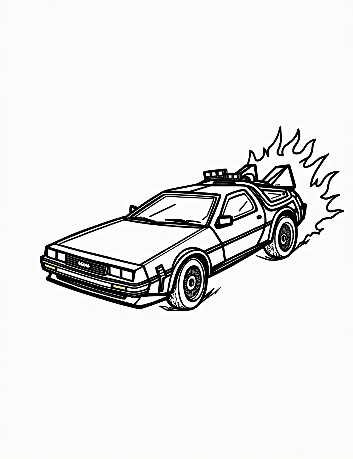 Time-Traveling DeLorean -- prompt: "black lines only Chunky outlined DeLorean time machine, gull-wing doors wide open, revealing flux capacitor. Hover wheels floating above ground, wavy fiery tire tracks behind. Simplified dashboard, clock numbers, and lightning bolt details. Perfect for coloring, with bold lines and playful shapes. flat black lines, premium coloring page, coloring sheet, line drawing, Coloring Book, NO COLOR, NO SHADING, WHITE BACKGROUND. NO GRAY, BLACK AND WHITE, NO COLOR" -- Embark on an adventure through time with this iconic movie-inspired coloring page. Featuring the famous DeLorean time machine, complete with flux capacitor and hover conversion, this scene captures the excitement of sci-fi time travel. It's perfect for movie buffs and retro-future enthusiasts.