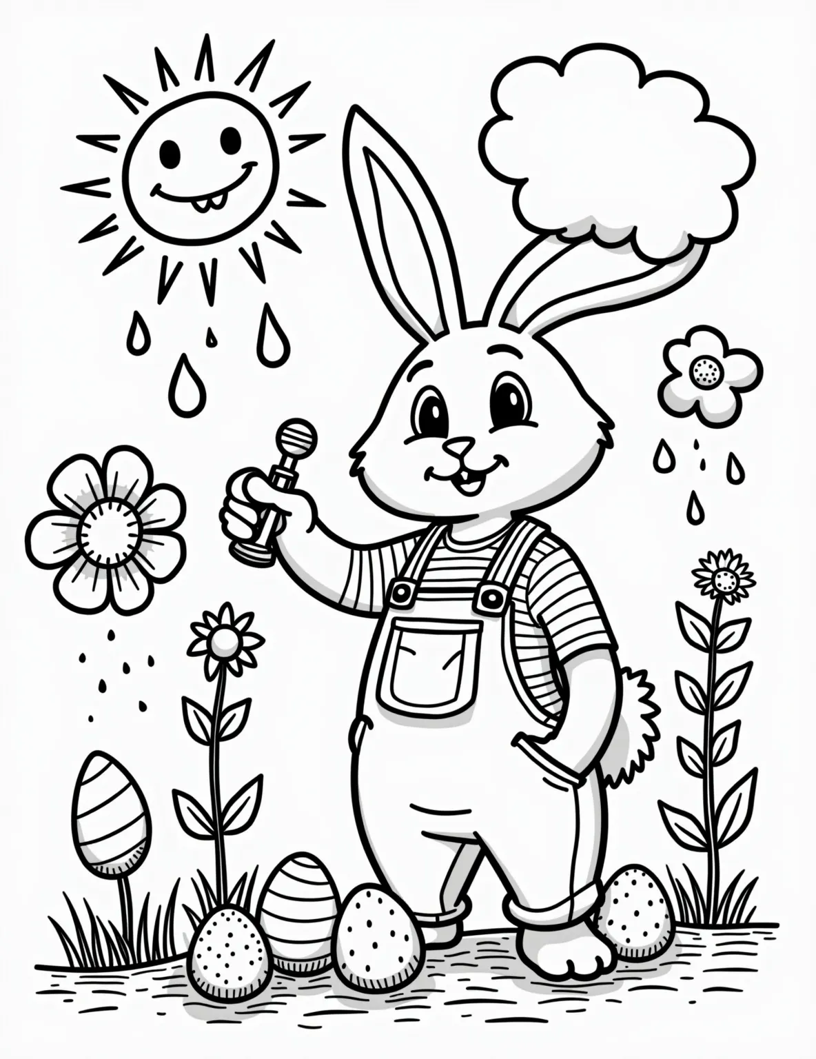 Easter Bunny's Weather Machine -- prompt: "black lines only Easter Bunny in overalls, operating cartoonish weather machine. Levers control sun, rain, flowers. Bold outlines, simple shapes. Fluffy clouds, smiling sun, dancing raindrops. Carrots and eggs sprout from ground. Cheerful scene with thick lines for easy coloring. Playful Easter atmosphere. flat black lines, premium coloring page, coloring sheet, line drawing, Coloring Book, NO COLOR, NO SHADING, WHITE BACKGROUND. NO GRAY, BLACK AND WHITE, NO COLOR" -- Watch the Easter Bunny control spring weather in this imaginative coloring page. The scene shows the bunny operating a fanciful machine with levers for sunshine, rain, and rainbows. Eggs incubate under warm lamps while flowers bloom with the push of a button, showcasing the magic behind perfect Easter weather.