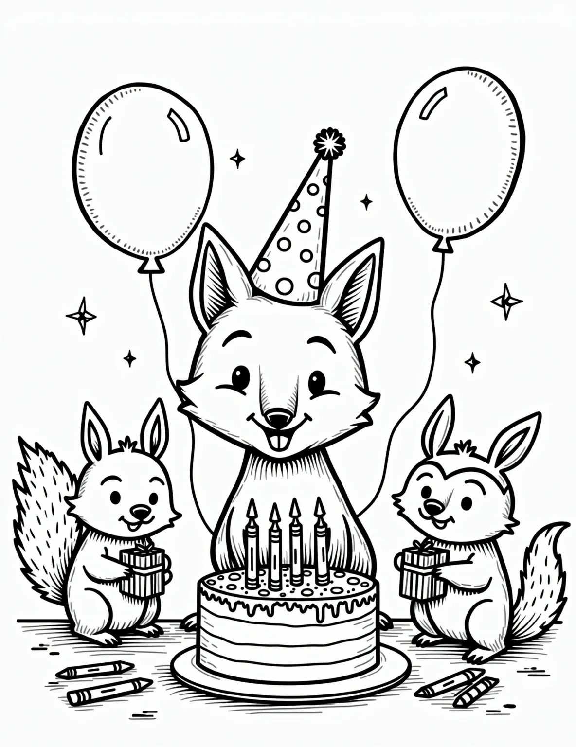 Fox's Birthday Party -- prompt: "black lines only A smiling fox in a polka-dot party hat, central in a woodland clearing. Surrounding animals hold oversized crayons, filling in bold outlines of balloons, presents, and a tiered cake. Thick black lines define cheerful characters and festive objects, ready for coloring. Simple shapes and patterns create a joyful birthday scene, flat black lines, premium coloring page, coloring sheet, line drawing, Coloring Book, NO COLOR, NO SHADING, WHITE BACKGROUND. NO GRAY, BLACK AND WHITE, NO COLOR" -- This joyful coloring page depicts a fox celebrating its birthday. Surrounded by woodland friends, the fox wears a party hat and is about to blow out candles on a cake. Balloons and presents add to the festive atmosphere.