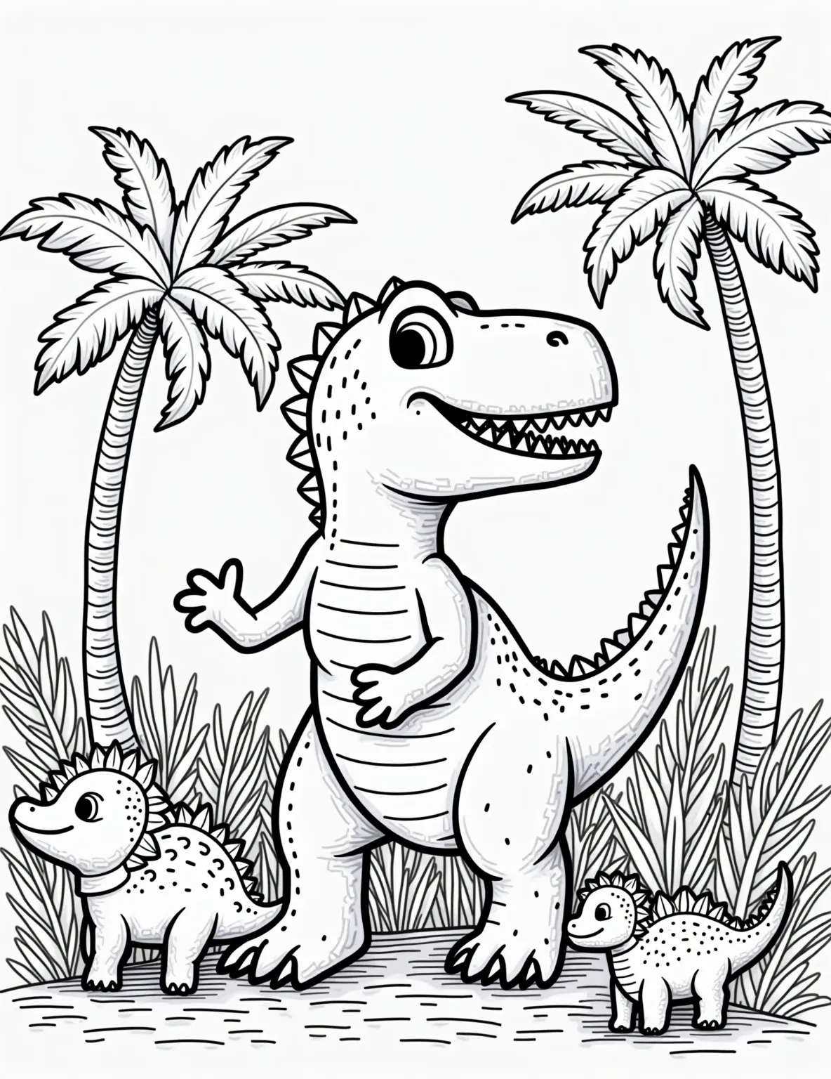 Rex's Jurassic Journey -- prompt: "black lines only Rex, a cartoonish toy T-Rex, grins boldly amidst towering ferns and palm trees. Friendly Stegosaurus and Triceratops roam nearby. Thick, simple outlines define each shape. Dotted patterns and wavy lines fill dinosaur scales and plant textures. Perfect for coloring fun! flat black lines, premium coloring page, coloring sheet, line drawing, Coloring Book, NO COLOR, NO SHADING, WHITE BACKGROUND. NO GRAY, BLACK AND WHITE, NO COLOR" -- Embark on a prehistoric adventure with Rex as he explores a lush Jurassic landscape! This detailed coloring page features our beloved dinosaur toy surrounded by real dinosaurs and ancient plants. Perfect for dino-lovers, this page offers a blend of Toy Story charm and paleontological wonder.