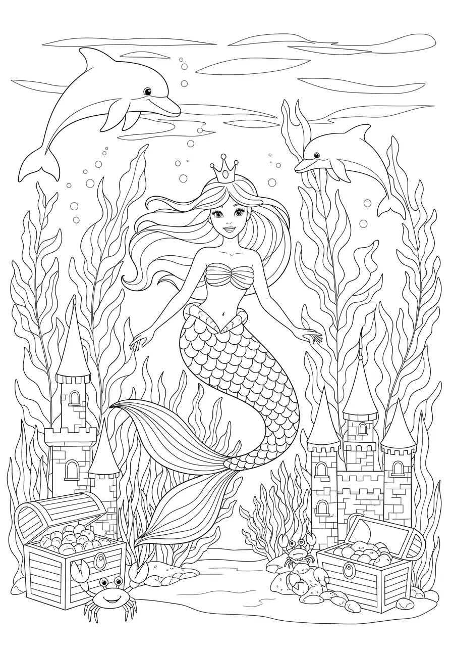 Graceful Mermaid's Ocean Dance Coloring Page -- prompt: "black lines only A smiling mermaid with flowing wavy hair swimming through kelp forests, her scaled tail curving gracefully behind her. Bold black outlines define coral reefs, starfish, and seahorses surrounding her underwater kingdom, perfect for coloring adventures. flat black lines, premium coloring page, coloring sheet, line drawing, Coloring Book, NO COLOR, NO SHADING, WHITE BACKGROUND. NO GRAY, BLACK AND WHITE, NO COLOR" -- This beautiful coloring page features a mermaid gracefully swimming through swirling ocean currents. Her flowing hair and elegant tail create mesmerizing patterns as she dances through the water. The detailed scales and underwater backdrop make this page perfect for practicing shading and color blending techniques.