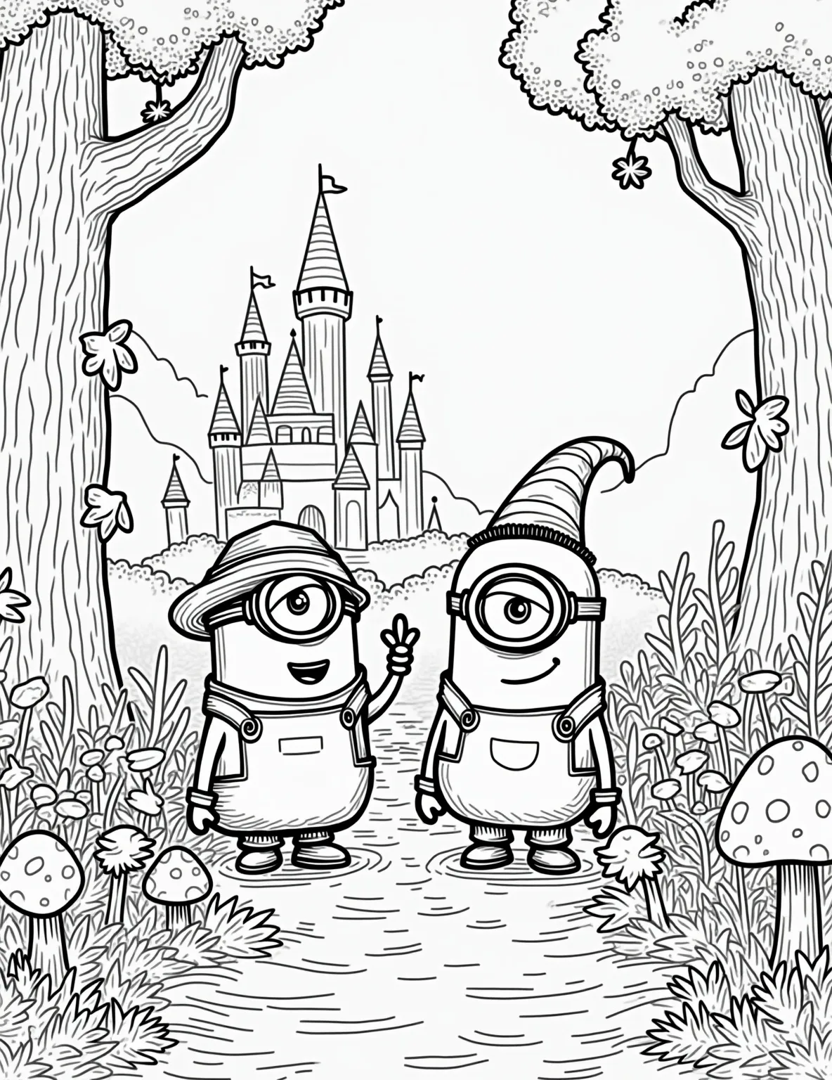 Minion Fairy Tale Mashup -- prompt: "black lines only Minions cosplaying fairy tale icons frolic in enchanted woodland. Castles, beanstalks tower above. Thick outlines define characters, flora. Simple shapes, bold patterns fill scene. Leaves, mushrooms, flowers await coloring. Magical creatures peek from behind trees. Whimsical details invite imagination and creative coloring. flat black lines, premium coloring page, coloring sheet, line drawing, Coloring Book, NO COLOR, NO SHADING, WHITE BACKGROUND. NO GRAY, BLACK AND WHITE, NO COLOR" -- Once upon a time, in this delightful Minion coloring page, our yellow friends found themselves mixed up in various fairy tales! Watch as Minions take on the roles of classic characters like Cinderella, Little Red Riding Hood, and Jack and the Beanstalk. This whimsical scene is ideal for children who love fairy tales with a twist.