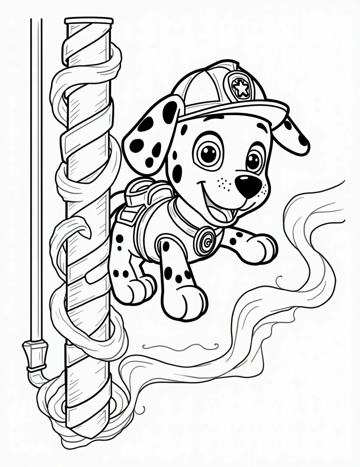 Marshall's Firehouse Fun -- prompt: "black lines only Marshall, a playful Dalmatian pup, spirals down a striped fire pole. Thick-lined cartoon firehouse surrounds him: oversized helmets, coiled hoses, and spotted fire trucks. Simple shapes and bold outlines perfect for coloring. Cheerful scene captures firefighting adventure for young artists. flat black lines, premium coloring page, coloring sheet, line drawing, Coloring Book, NO COLOR, NO SHADING, WHITE BACKGROUND. NO GRAY, BLACK AND WHITE, NO COLOR" -- Step into Marshall's world with this playful firehouse scene! This coloring page shows Marshall sliding down the fire pole, ready for his next rescue mission. Kids will delight in coloring the various firefighting equipment and Marshall's cheerful expression, making it a perfect activity for young Paw Patrol fans.