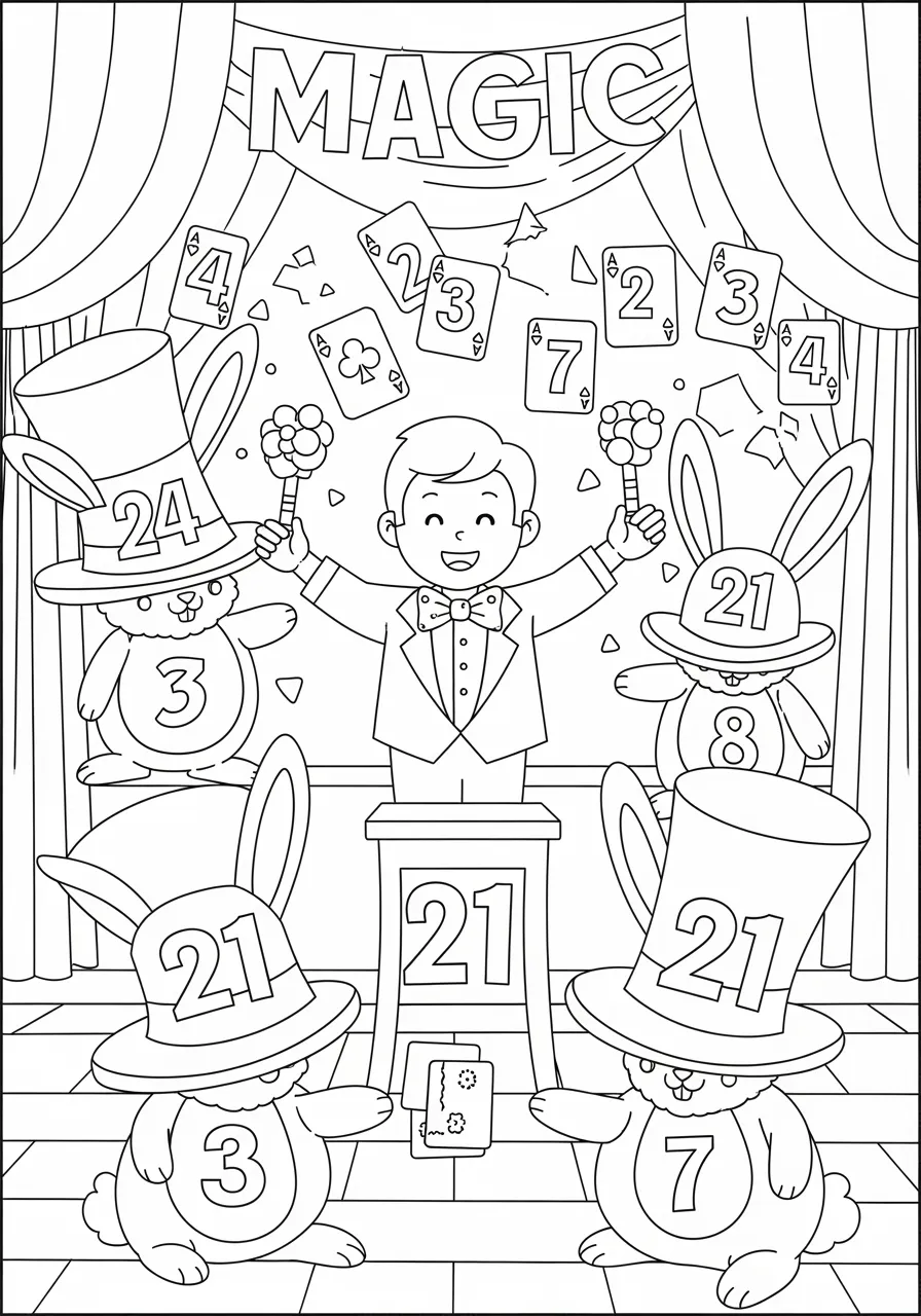 Number Magic Show Spectacular Coloring Page -- prompt: "black lines only Fun coloring book style magic show scene with cheerful magician performing twenty-one numbered tricks, adorable rabbits wearing oversized top hats with clear numbers, scattered playing cards displaying bold numbers, thick black outlines, simple shapes perfect for children's coloring flat black lines, premium coloring page, coloring sheet, line drawing, Coloring Book, NO COLOR, NO SHADING, WHITE BACKGROUND. NO GRAY, BLACK AND WHITE, NO COLOR" -- Abracadabra! Enter the amazing world of magic where the magician's numbered tricks from 1 to 21 dazzle the audience. Top hats contain numbered rabbits, playing cards display their numbers prominently, and the magic wands are engraved with sequential numbers. This enchanting scene makes learning numbers as magical as pulling a rabbit from a hat!