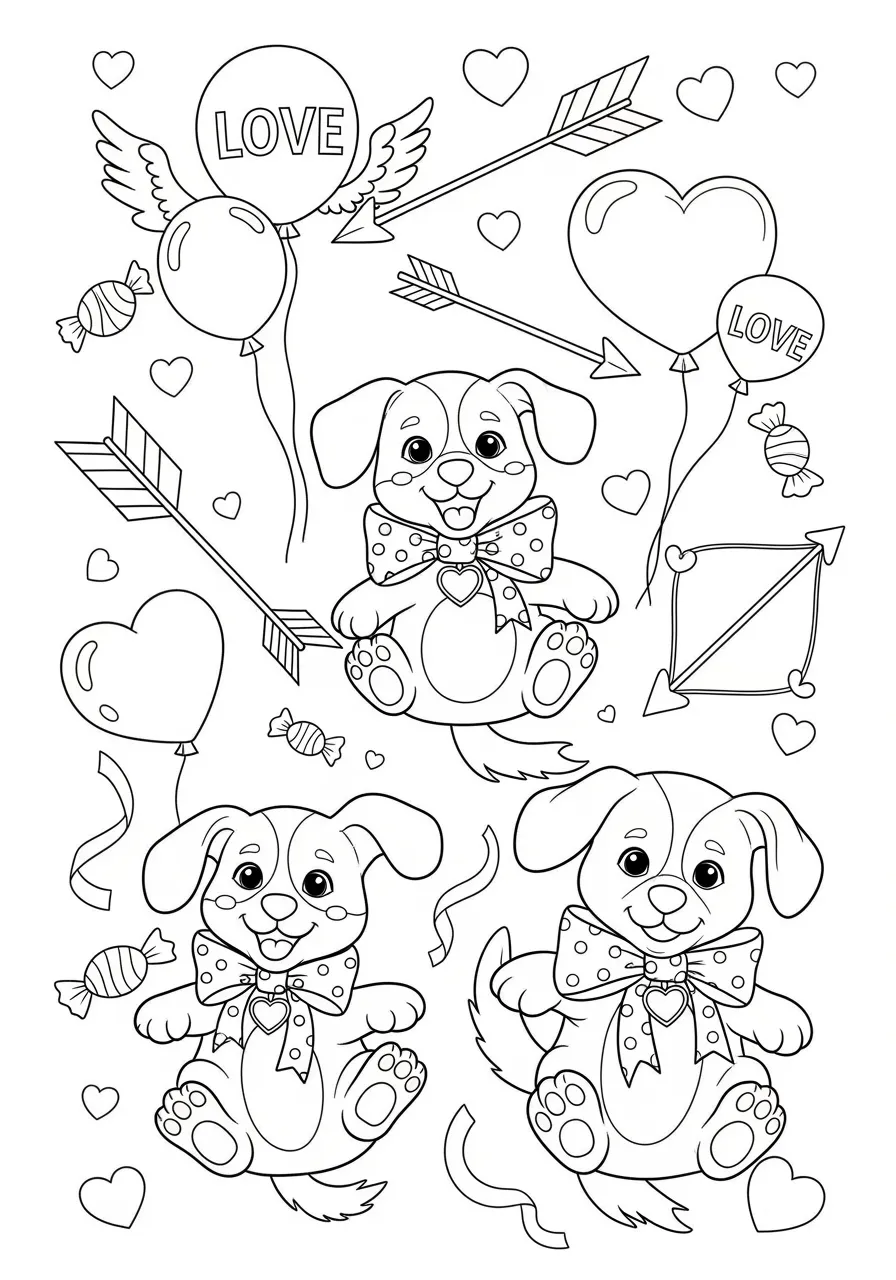 Playful Valentine Puppies Coloring Page -- prompt: "black lines only Three adorable puppies with bold black outlines wear heart-shaped collars and bows, playfully tumbling among oversized valentine decorations, scattered cupid hearts, and ribbon swirls in cheerful fun coloring book style coloring page flat black lines, premium coloring page, coloring sheet, line drawing, Coloring Book, NO COLOR, NO SHADING, WHITE BACKGROUND. NO GRAY, BLACK AND WHITE, NO COLOR" -- Three adorable puppies wear heart-shaped accessories and play among scattered valentine decorations in this charming design. Each puppy has a unique expression and pose, creating opportunities for children to explore different coloring techniques and color combinations. The sweet scene combines the universal appeal of cute animals with valentine themes, making it irresistible to young animal lovers.