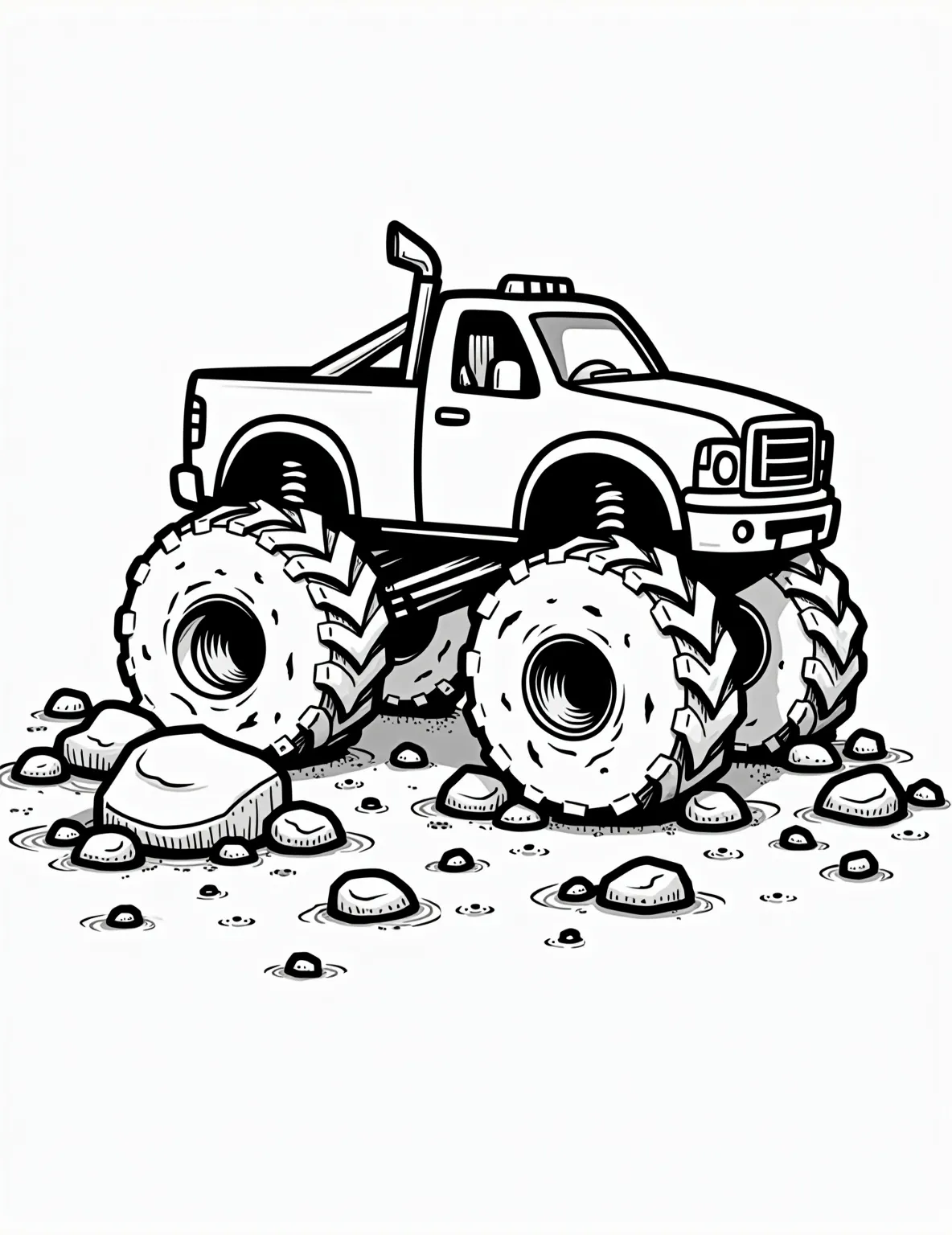 Off-Road Adventure Truck -- prompt: "black lines only Bold, chunky outlines frame a rugged off-road truck, its oversized tires and snorkel exhaust exaggerated for fun. Rocky terrain and mud puddles surround the vehicle. Simple, clean shapes perfect for coloring. Playful details like splashing mud and bouncing rocks add excitement. flat black lines, premium coloring page, coloring sheet, line drawing, Coloring Book, NO COLOR, NO SHADING, WHITE BACKGROUND. NO GRAY, BLACK AND WHITE, NO COLOR" -- Gear up for an exciting journey with this Off-Road Adventure Truck coloring page! This rugged 4x4 vehicle is shown tackling a challenging terrain, complete with oversized tires and a snorkel exhaust. It's perfect for those who love outdoor adventures and dream of exploring wild landscapes.