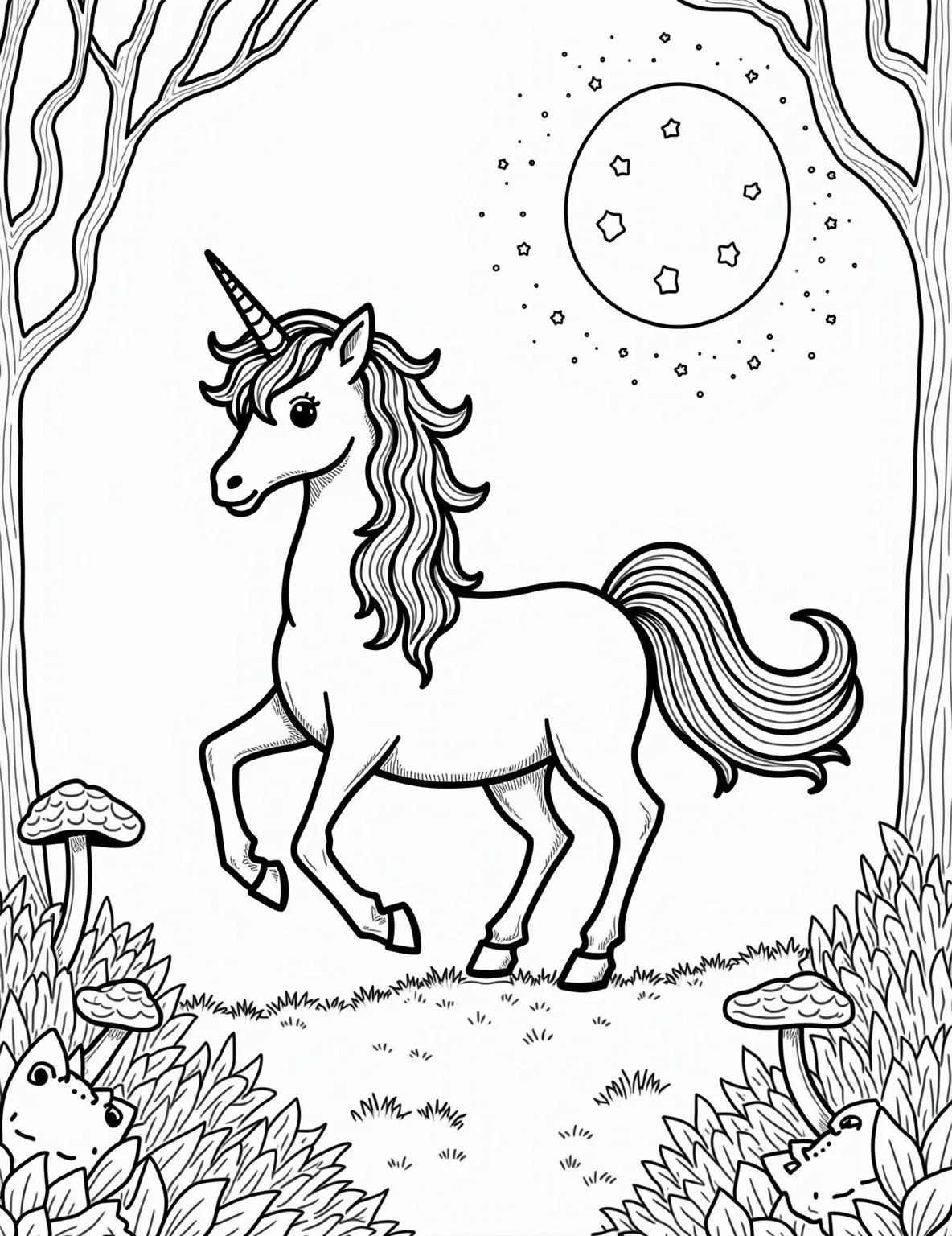 Mystical Unicorn in Enchanted Forest Coloring Page -- prompt: "black lines only Playful unicorn outline with swirling mane, prancing in moonlit forest clearing. Simplified fireflies dot scene. Stylized mushroom rings encircle. Bold, clean lines perfect for coloring. Magical atmosphere conveyed through whimsical shapes. Enchanted woodland setting with charming details. Fun, imaginative design for flat black lines, premium coloring page, coloring sheet, line drawing, Coloring Book, NO COLOR, NO SHADING, WHITE BACKGROUND. NO GRAY, BLACK AND WHITE, NO COLOR" -- Step into a world of magic with this enchanting unicorn coloring page. The majestic creature standing in a clearing surrounded by twinkling fireflies and mushroom rings brings fairy tales to life. Ideal for fantasy lovers and those who believe in the power of imagination.