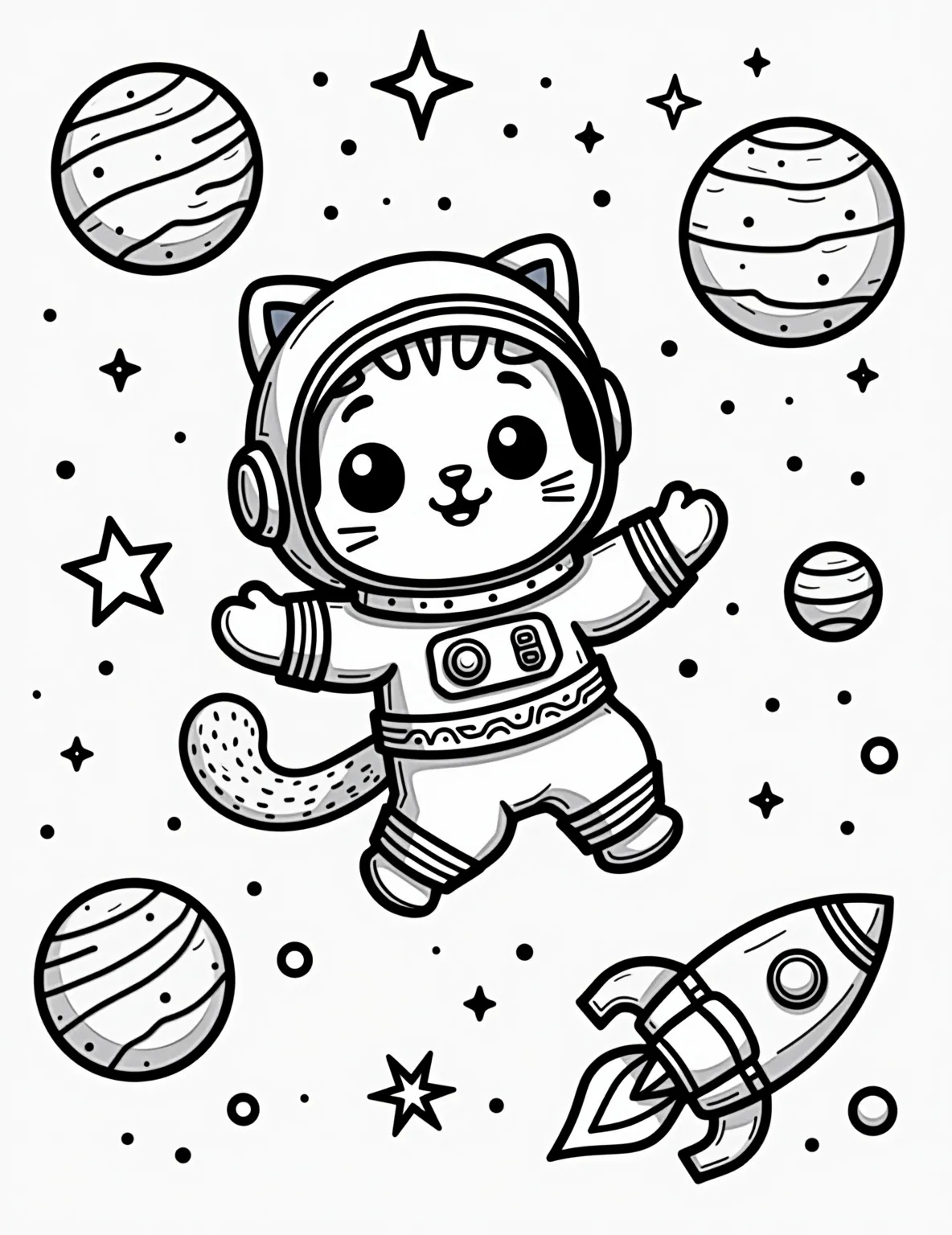 Space Explorer Cat Coloring Page -- prompt: "black lines only Adorable cartoon cat astronaut, round helmet with whiskers, drifts through starry coloring page. Simple outlined planets, swirling galaxies, and retro rocket ship. Bold, thick lines perfect for coloring. Playful space adventure scene with cosmic whimsy. Cute flat black lines, premium coloring page, coloring sheet, line drawing, Coloring Book, NO COLOR, NO SHADING, WHITE BACKGROUND. NO GRAY, BLACK AND WHITE, NO COLOR" -- Blast off into a cosmic adventure with this astronaut cat floating in space. Surrounded by stars, planets, and perhaps an alien or two, this brave feline captures the wonder of space exploration. This page is ideal for kids and adults who dream of interstellar journeys and love science fiction themes.