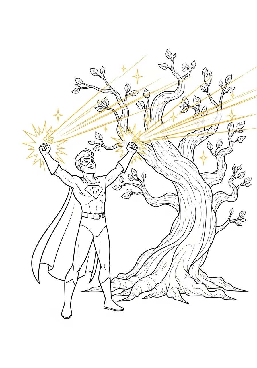 Healing Hero Restoring a Withered Tree Coloring Page -- prompt: "black lines only Cheerful superhero with flowing cape radiates golden energy from outstretched hands toward barren oak tree, magical sparkles swirling around withered branches as fresh leaves bloom, thick black outlines, simple shapes perfect for coloring flat black lines, premium coloring page, coloring sheet, line drawing, Coloring Book, NO COLOR, NO SHADING, WHITE BACKGROUND. NO GRAY, BLACK AND WHITE, NO COLOR" -- A compassionate superhero uses healing powers to restore a dying tree back to full health, with new leaves and branches growing under their touch. The transformation from withered to vibrant creates a beautiful before-and-after effect within the same image. This gentle, life-affirming scene shows that superhero powers can be used for nurturing and restoration as well as fighting.
