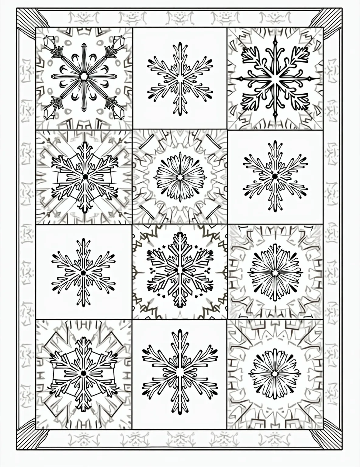 Cozy Snowflake Quilt -- prompt: "black lines only A charming coloring book page featuring a cozy patchwork quilt. Each square showcases a unique snowflake design with bold outlines. The quilt appears gently folded, creating playful shadows and depth. Chunky, rounded edges invite joyful coloring and pattern exploration. Suffix: fun coloring book style coloring page flat black lines, premium coloring page, coloring sheet, line drawing, Coloring Book, NO COLOR, NO SHADING, WHITE BACKGROUND. NO GRAY, BLACK AND WHITE, NO COLOR" -- Snuggle up with this comforting snowflake quilt coloring page. Various snowflake designs fill different quilt squares, creating a warm and inviting winter scene. It's perfect for those who love both geometric patterns and homey touches.