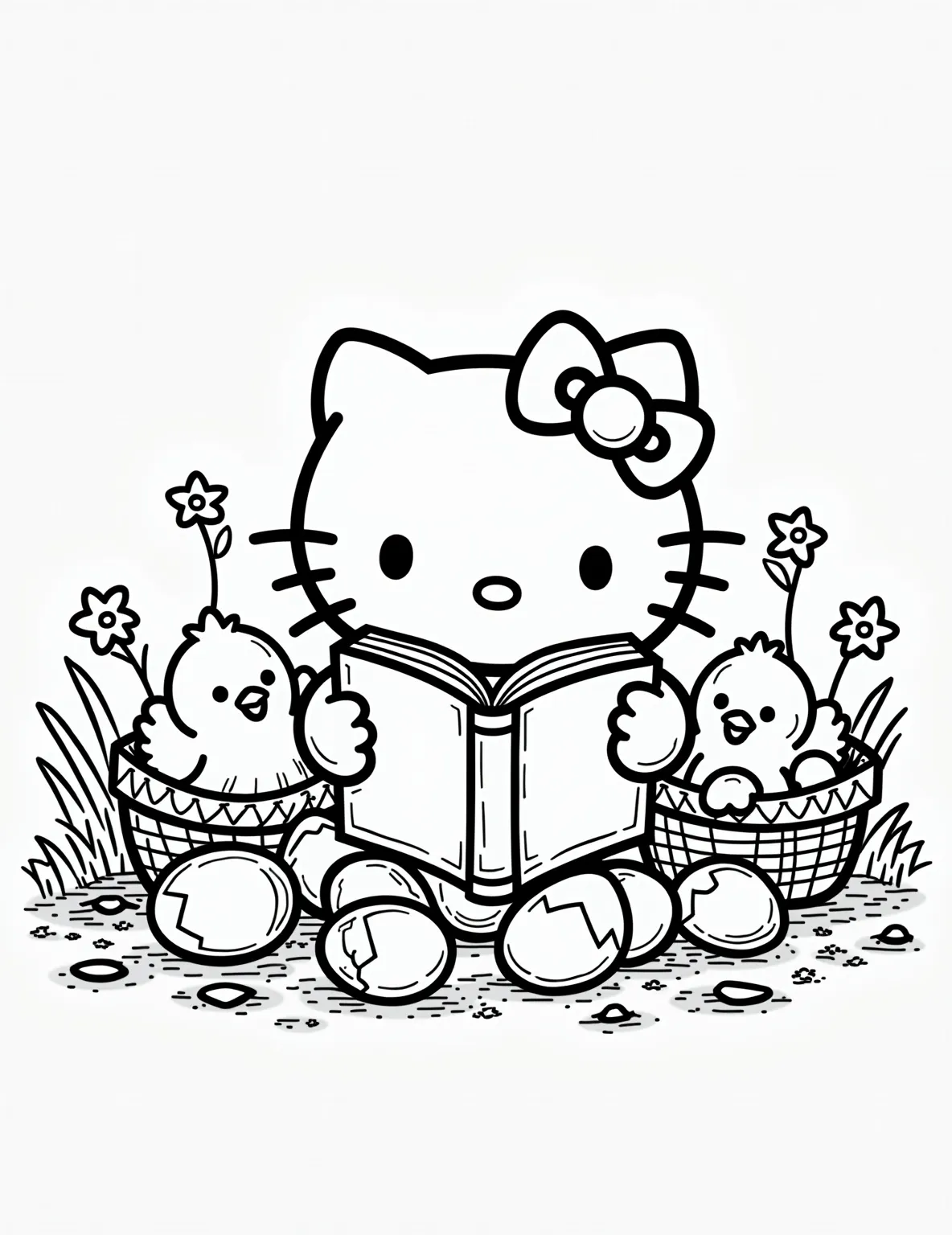 Hello Kitty's Easter Chick Friends -- prompt: "black lines only Hello Kitty, with bold black outlines, sits cross-legged, holding an oversized storybook. Fluffy Easter chicks, simple shapes with big eyes, huddle around. Cracked eggshells and woven baskets scatter the foreground. Flower borders frame the scene. Empty spaces invite coloring. flat black lines, premium coloring page, coloring sheet, line drawing, Coloring Book, NO COLOR, NO SHADING, WHITE BACKGROUND. NO GRAY, BLACK AND WHITE, NO COLOR" -- This adorable coloring page shows Hello Kitty surrounded by a group of fluffy Easter chicks. She's reading them an Easter story, with all the chicks gathered around attentively. Egg shells and small Easter baskets are scattered around, adding to the cute scene.