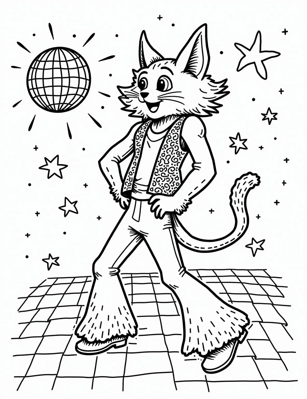 Disco Dancing Cat Coloring Page -- prompt: "black lines only Groovy feline in bell-bottoms and sequined vest, striking Saturday Night Fever pose. Chunky outline perfect for coloring. Disco ball above, radiating simple line patterns. Dance floor divided into large geometric shapes. Background filled with basic starbursts and swirls. Funky, retro atmosphere for easy flat black lines, premium coloring page, coloring sheet, line drawing, Coloring Book, NO COLOR, NO SHADING, WHITE BACKGROUND. NO GRAY, BLACK AND WHITE, NO COLOR" -- Get groovy with this funky feline hitting the dance floor in true disco style! The cat's energetic pose and retro outfit capture the spirit of the 70s. This playful page is great for kids and adults who enjoy adding vibrant colors to lively, humorous scenes.