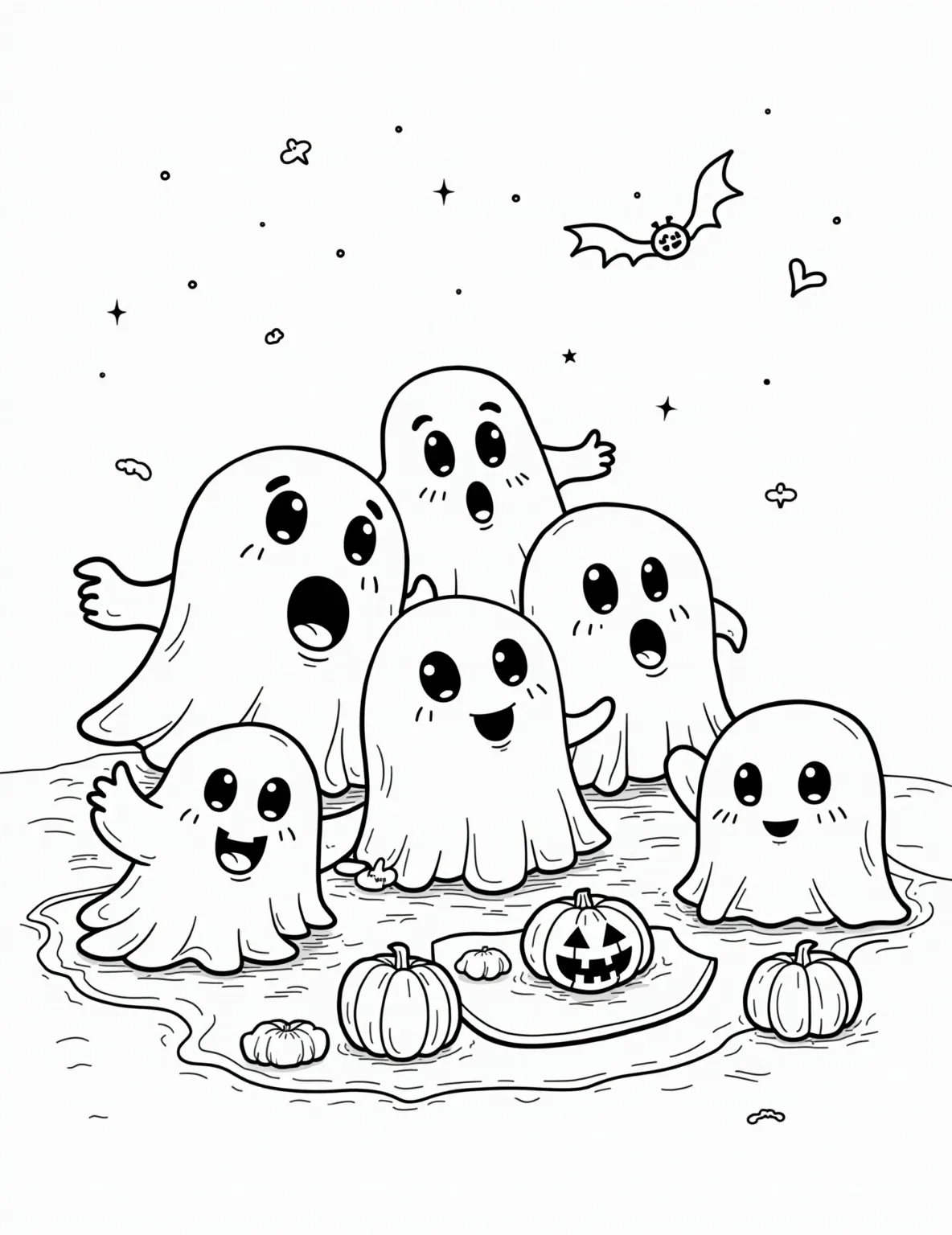 Ghostly Sleepover Party -- prompt: "black lines only Cheerful cartoon ghosts at haunted house sleepover. Bold outlines frame spooky-cute scenes: pillow fights, ghost stories by candlelight, floating marshmallows. Simple shapes, big eyes, expressive faces. Empty spaces invite coloring. Playful details like cobwebs, pumpkins, and friendly bats add fun. flat black lines, premium coloring page, coloring sheet, line drawing, Coloring Book, NO COLOR, NO SHADING, WHITE BACKGROUND. NO GRAY, BLACK AND WHITE, NO COLOR" -- Join the fun with this adorable coloring page showcasing a ghost sleepover party. The scene is filled with spectral friends enjoying typical sleepover activities with a spooky twist. It's a perfect choice for children who love cute ghost stories and pajama party themes.