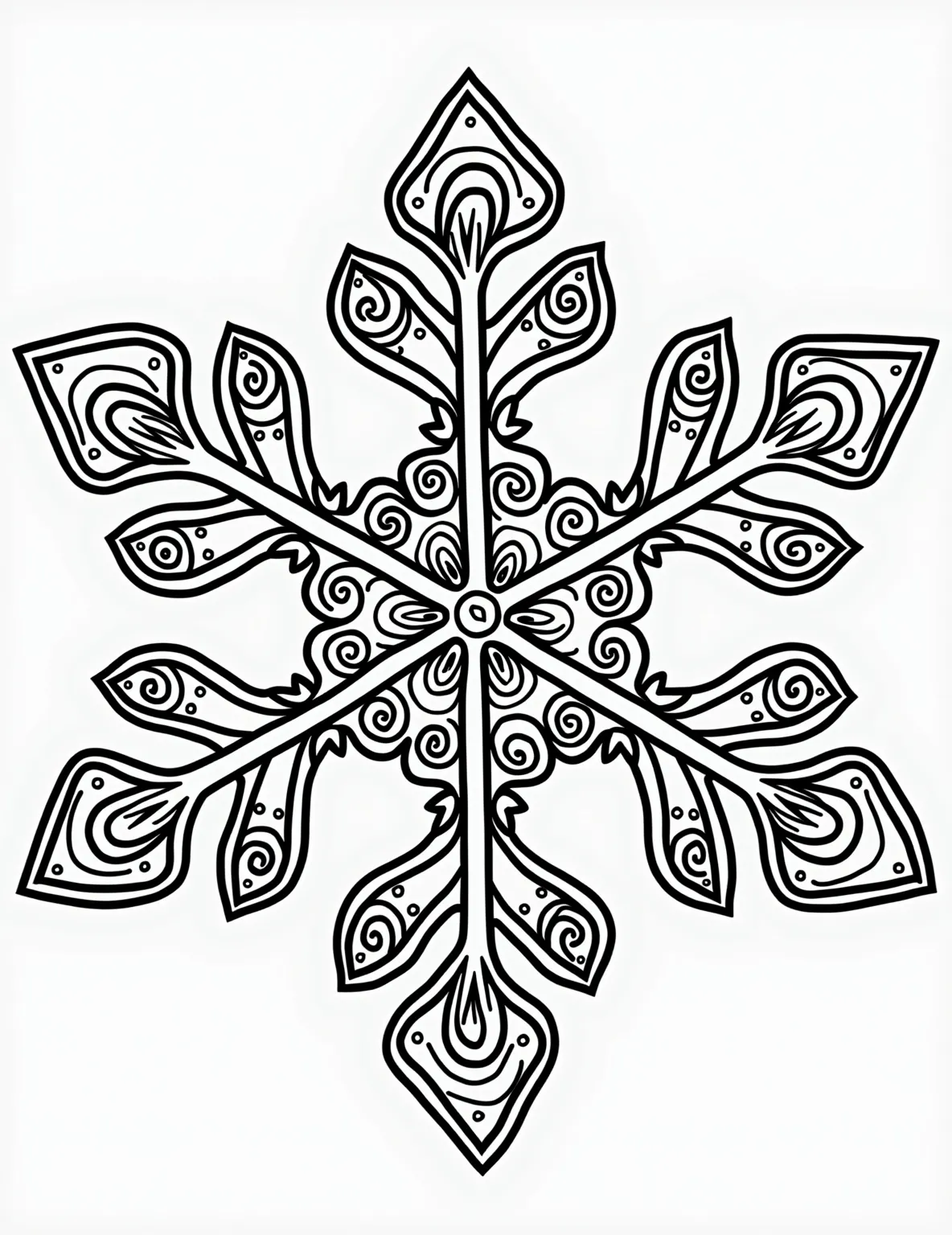 Snowflake Zentangle -- prompt: "black lines only Giant snowflake outline bursting with playful zentangle patterns. Swirls, dots, and geometric shapes intertwine, creating a mesmerizing coloring page. Bold lines define sections, inviting creative exploration. Whimsical details like hidden snowmen and icicles add charm. Perfect for relaxation and artistic expression. flat black lines, premium coloring page, coloring sheet, line drawing, Coloring Book, NO COLOR, NO SHADING, WHITE BACKGROUND. NO GRAY, BLACK AND WHITE, NO COLOR" -- Relax and unwind with this meditative snowflake zentangle. The snowflake outline is filled with various zentangle patterns, offering a calming and focused coloring experience. It's ideal for stress relief and artistic exploration.