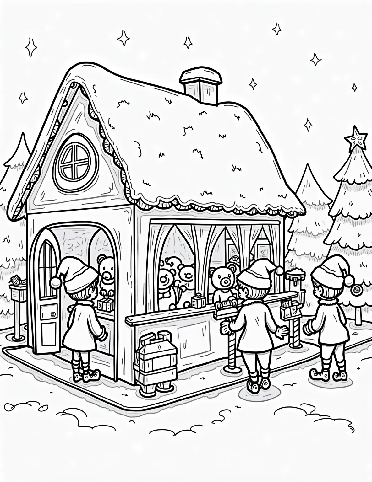 Santa's Workshop Illuminated Coloring Page -- prompt: "black lines only Santa's workshop interior, outlined in bold black lines. Cheerful elves with pointy ears craft toys amid swirling candy cane patterns. Christmas trees, gift boxes, and toy trains fill empty spaces. Twinkling lights and snowflakes adorn the scene. Perfect for coloring fun! flat black lines, premium coloring page, coloring sheet, line drawing, Coloring Book, NO COLOR, NO SHADING, WHITE BACKGROUND. NO GRAY, BLACK AND WHITE, NO COLOR" -- Peek into Santa's busy workshop, all aglow with strings of merry Christmas lights. Elves work diligently on toys, while conveyor belts and shelves full of gifts fill the space. This detailed scene offers plenty of elements to color and bring to life.