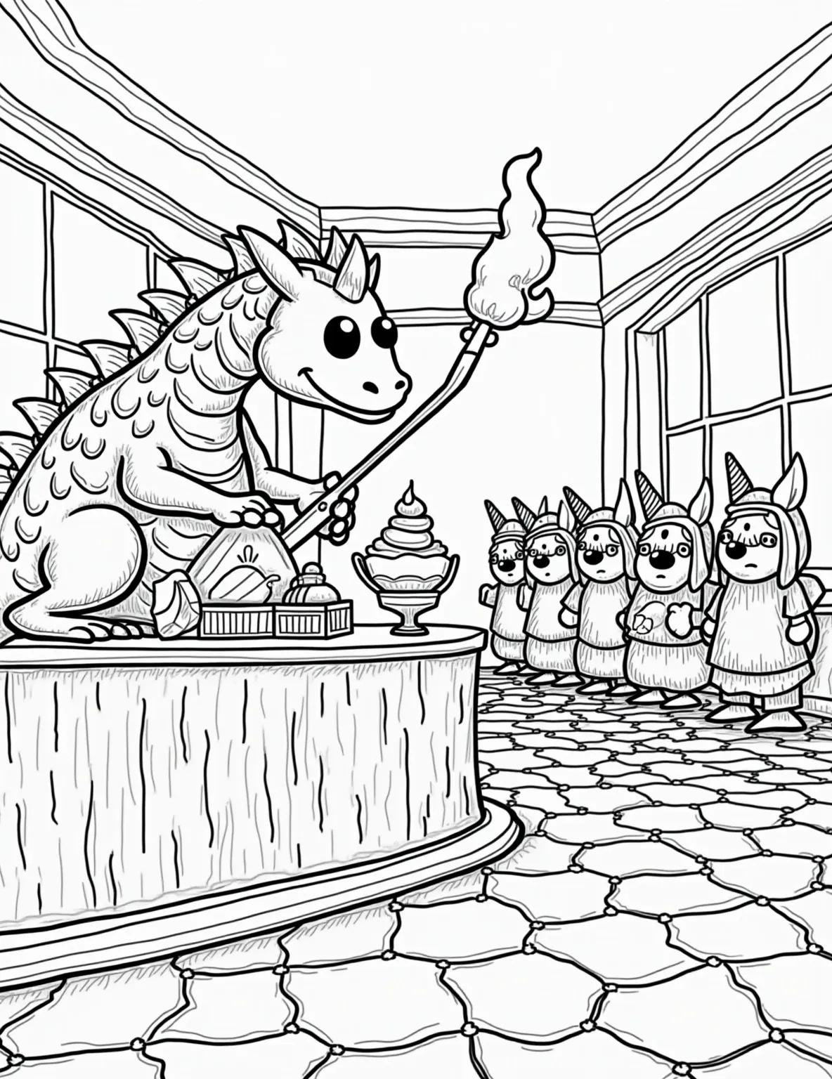 Dragon's Ice Cream Parlor -- prompt: "black lines only Dragon barista with scales outlined in bold black lines scoops ice cream using oversized spoon. Simplified fire breath swirls keep treats frosty. Unicorns, pixies, and gnomes queue in zigzag line. Parlor interior features chunky, rounded furniture and checkerboard floor. Thick outlines define all elements, ready for coloring. flat black lines, premium coloring page, coloring sheet, line drawing, Coloring Book, NO COLOR, NO SHADING, WHITE BACKGROUND. NO GRAY, BLACK AND WHITE, NO COLOR" -- Indulge in some sweet fun with this whimsical coloring page showcasing a dragon running its very own ice cream parlor. The dragon uses its fire breath in a clever twist to keep the ice cream perfectly chilled, while serving a variety of magical creatures. This delightful scene is sure to appeal to children and adults alike with its playful concept and charming details.