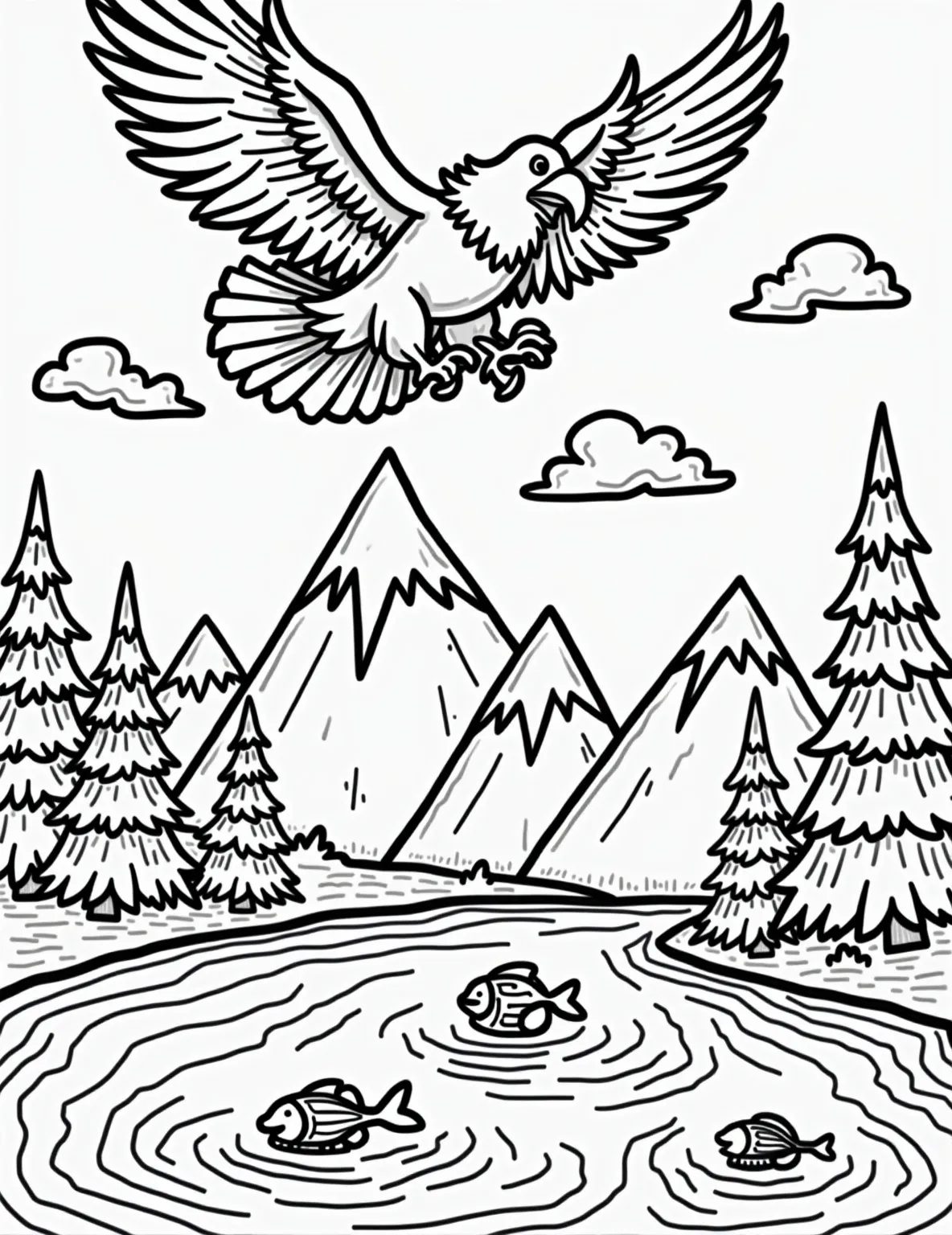 Majestic Bald Eagle in Flight Coloring Page -- prompt: "black lines only Coloring page of majestic bald eagle, wings spread wide, soaring above snow-capped mountains. Thick, bold outlines define feathers, beak, and talons. Below, a serene lake with wavy lines. Simple geometric shapes form pine trees along shoreline. Clouds as puffy circles dot sky. flat black lines, premium coloring page, coloring sheet, line drawing, Coloring Book, NO COLOR, NO SHADING, WHITE BACKGROUND. NO GRAY, BLACK AND WHITE, NO COLOR" -- Soar to new heights with this powerful bald eagle coloring page. The national bird of the United States spreading its wings in flight symbolizes freedom and strength. Great for patriotic themes and bird enthusiasts.