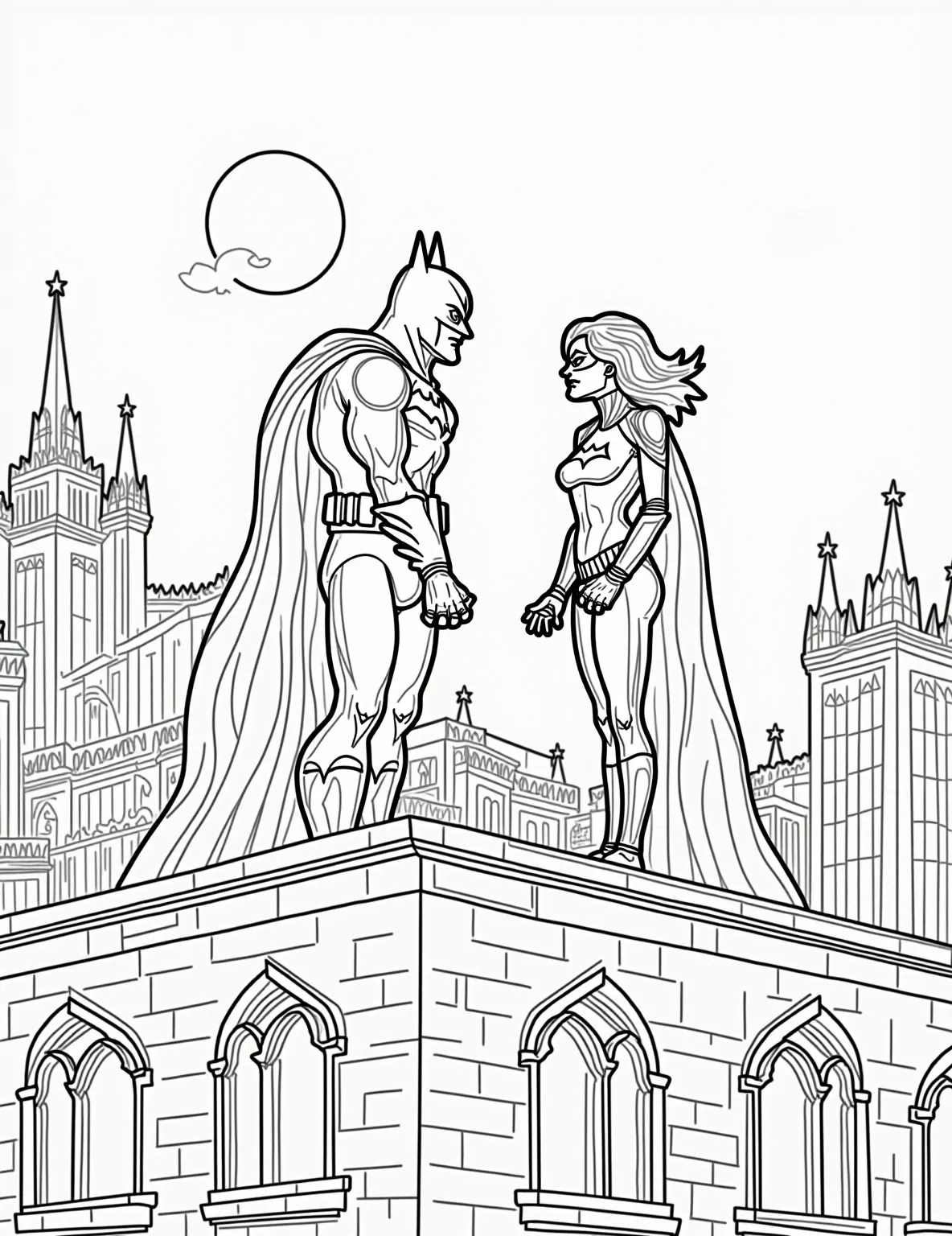 Batman and Catwoman Rooftop Encounter Coloring Page -- prompt: "black lines only Batman and Catwoman face off on a Gotham rooftop, their silhouettes bold against the moonlit sky. Playful, thick outlines define their iconic costumes, surrounded by simplified cityscape. Gargoyles, bat signal, and whip create a dynamic, kid-friendly scene perfect for coloring. Gotham's gothic architecture flat black lines, premium coloring page, coloring sheet, line drawing, Coloring Book, NO COLOR, NO SHADING, WHITE BACKGROUND. NO GRAY, BLACK AND WHITE, NO COLOR" -- Explore the complex relationship between Batman and Catwoman in this atmospheric rooftop scene. The two figures are poised in a moment of tension, surrounded by Gotham's gothic architecture. This page offers a great opportunity to play with shadow and light in your coloring.