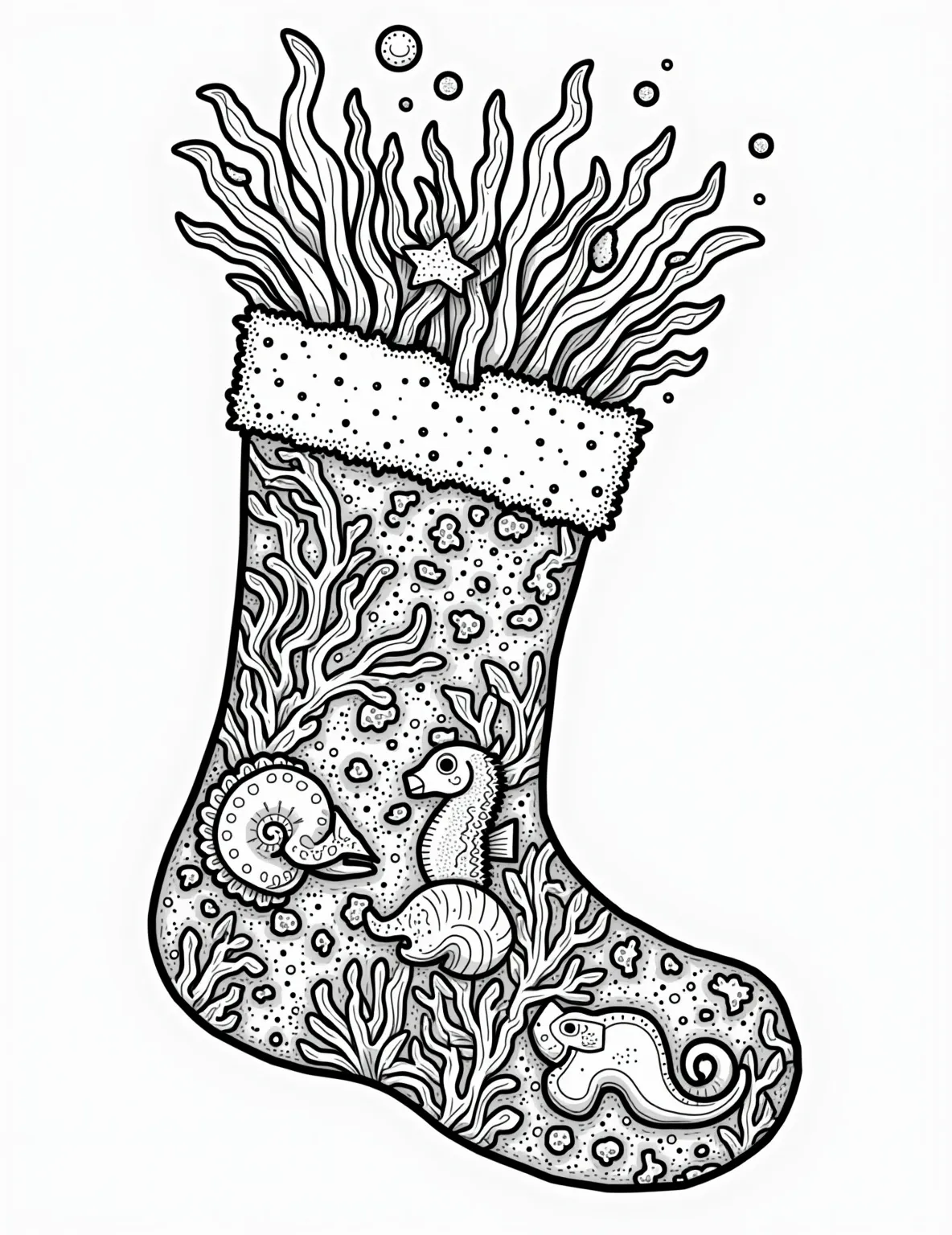 Under the Sea Stocking Coloring Page -- prompt: "black lines only Christmas stocking outline bursting with playful underwater scene. Bold, thick lines define cheerful fish, swirling seashells, and wavy coral reefs. Bubbles float upward, seaweed patterns dance along edges. Simple yet captivating design perfect for coloring, evoking holiday wonder and ocean magic. flat black lines, premium coloring page, coloring sheet, line drawing, Coloring Book, NO COLOR, NO SHADING, WHITE BACKGROUND. NO GRAY, BLACK AND WHITE, NO COLOR" -- This aquatic coloring page features a stocking filled with an underwater scene. The stocking showcases colorful fish, seashells, and coral reefs. Bubbles and seaweed patterns decorate the edges of the stocking.