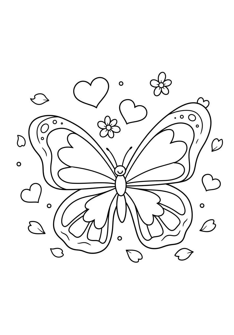 Butterfly with Heart Wings Coloring Page -- prompt: "black lines only Fun coloring book style butterfly with large heart-shaped wings, thick black outlines, simple shapes, floating hearts of various sizes, scattered flower petals, cheerful composition, bold lineart perfect for crayons, child-friendly design elements flat black lines, premium coloring page, coloring sheet, line drawing, Coloring Book, NO COLOR, NO SHADING, WHITE BACKGROUND. NO GRAY, BLACK AND WHITE, NO COLOR" -- A magical butterfly displays wings shaped like hearts in this whimsical Valentine's design. Intricate patterns fill each wing section, while the butterfly's delicate antennae curl gracefully above its head. Small hearts and flower petals drift around the butterfly, creating a dreamy, romantic atmosphere perfect for nature lovers.