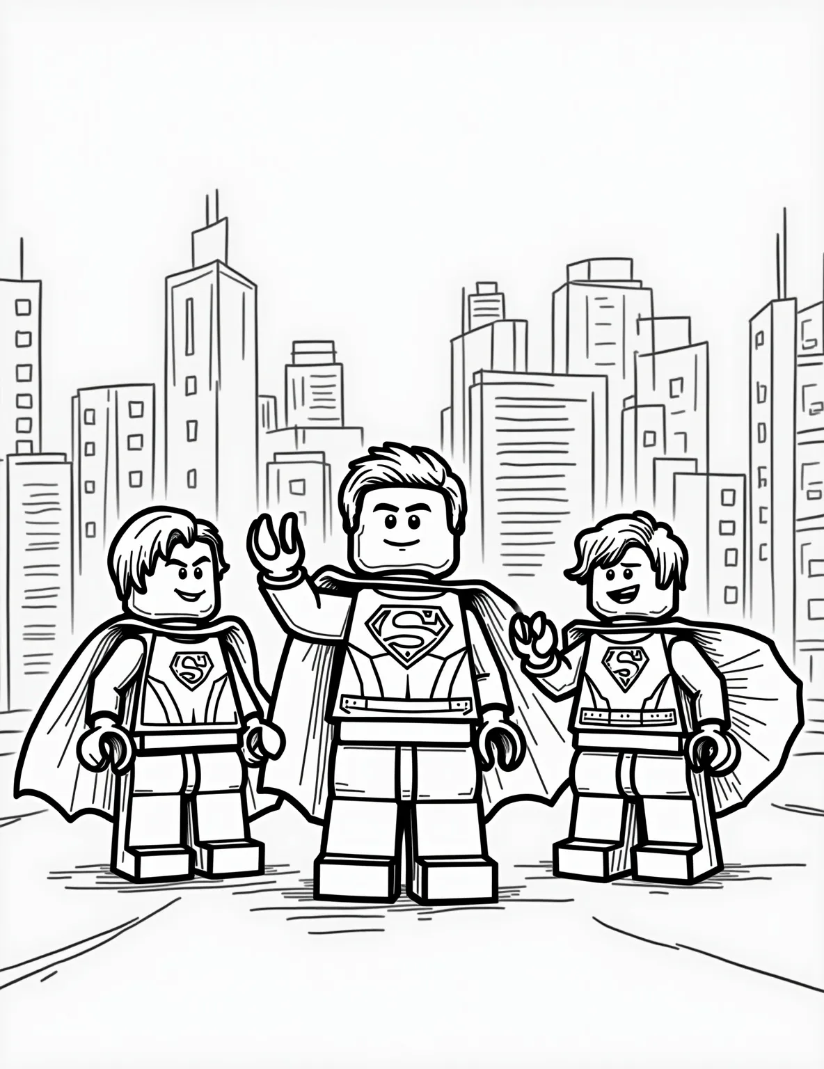 Lego Superhero Team-Up Coloring Page -- prompt: "black lines only Playful Lego superhero minifigures strike dynamic poses against a simplified city skyline. Bold outlines define each character and building, ready for coloring. Exaggerated expressions and oversized props add humor. Empty spaces invite creativity, while subtle guide marks suggest shading possibilities. flat black lines, premium coloring page, coloring sheet, line drawing, Coloring Book, NO COLOR, NO SHADING, WHITE BACKGROUND. NO GRAY, BLACK AND WHITE, NO COLOR" -- Join forces with your favorite superheroes in this exciting Lego superhero team-up coloring page. The dynamic scene features a group of Lego-style superheroes, each with their unique powers and costumes, ready to save the day in a bustling city backdrop. This page is a dream come true for comic book fans, allowing them to bring their own color schemes to these iconic characters.