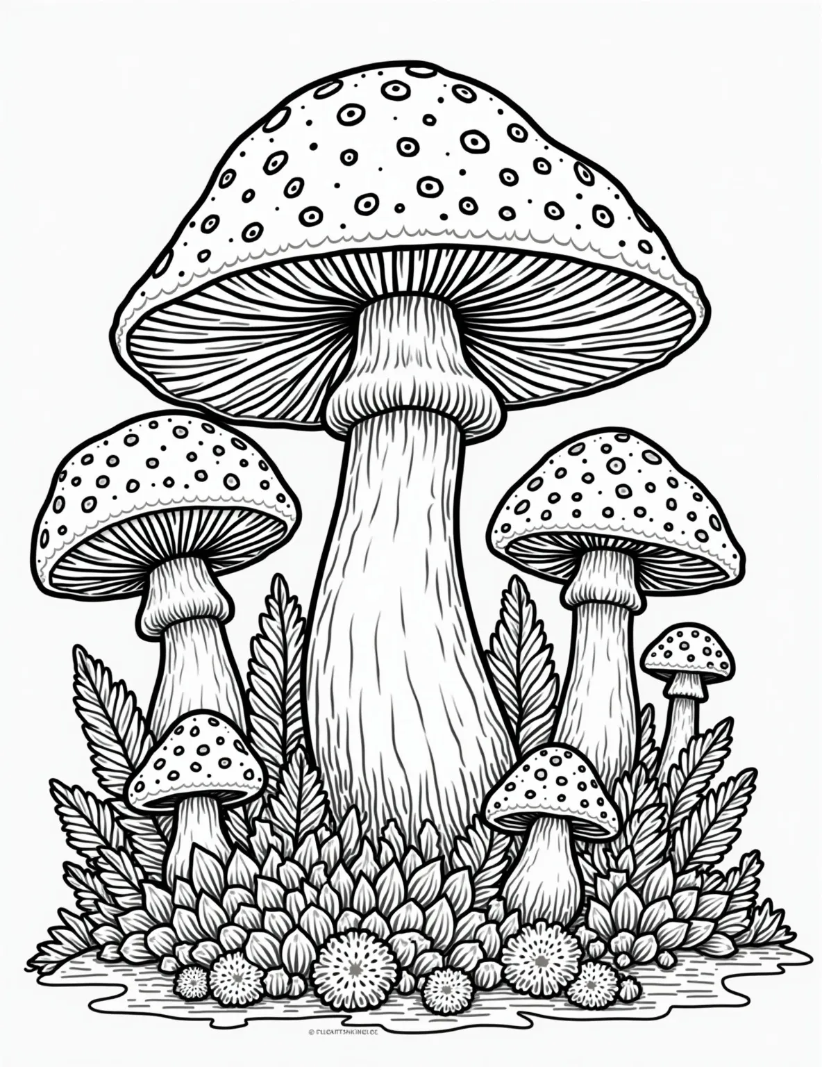 Mushroom Forager's Delight -- prompt: "black lines only Enchanting coloring page featuring whimsical mushroom kingdom. Plump toadstools, slender chanterelles, and spotted amanitas sprout from forest floor. Playful gnomes peek from behind stems. Delicate labels name each fungus. Swirling patterns and nature motifs frame scene. Inviting children to explore magical mycological world. flat black lines, premium coloring page, coloring sheet, line drawing, Coloring Book, NO COLOR, NO SHADING, WHITE BACKGROUND. NO GRAY, BLACK AND WHITE, NO COLOR" -- This detailed coloring page showcases a variety of mushroom species commonly found in forests. From the distinctive fly agaric to delicate chanterelles, this page is perfect for mushroom enthusiasts and nature lovers. Small labels identify each mushroom type, making it both fun and educational.