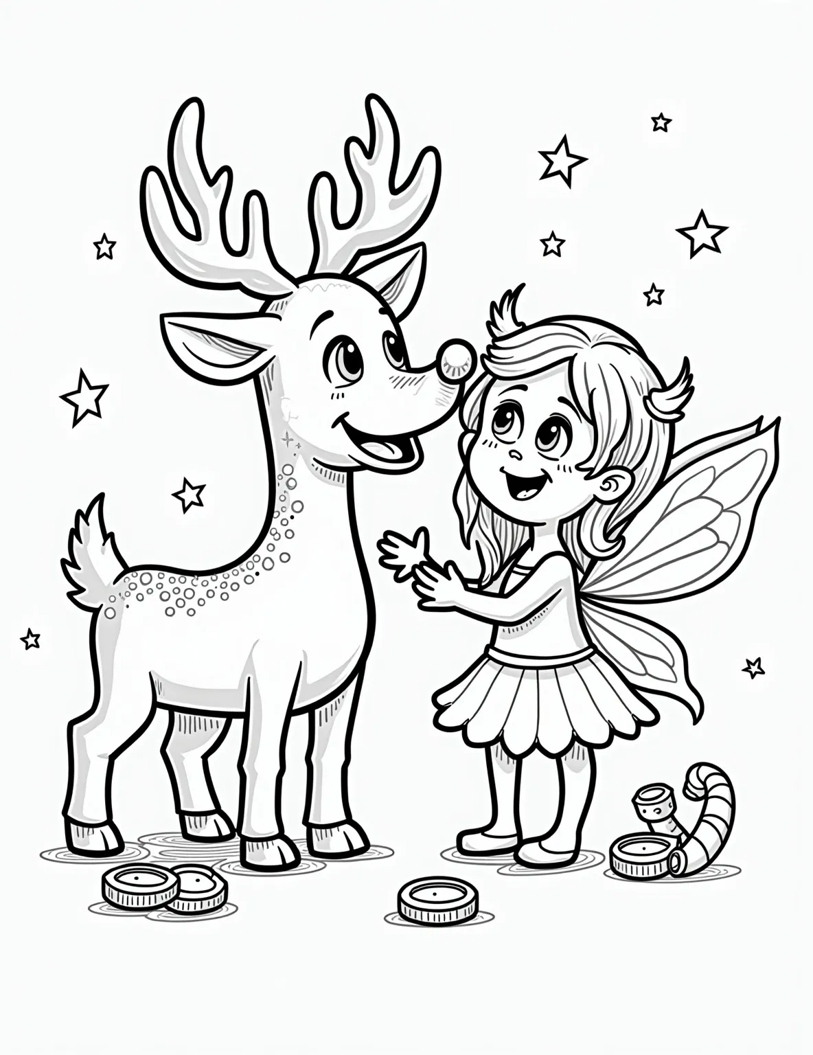 Rudolph Meets the Tooth Fairy -- prompt: "black lines only Rudolph's red nose illuminates a whimsical coloring page scene. His antlers intertwine with the Tooth Fairy's gossamer wings. Stars twinkle in simple outlines. Both magical beings exchange toothy grins, their eyes wide with wonder. Candy canes and coins scatter playfully around them. flat black lines, premium coloring page, coloring sheet, line drawing, Coloring Book, NO COLOR, NO SHADING, WHITE BACKGROUND. NO GRAY, BLACK AND WHITE, NO COLOR" -- Imagine a magical encounter between two childhood icons in this whimsical coloring page! It shows Rudolph meeting the Tooth Fairy on a starry night. The surprised and delighted expressions on both their faces make this a uniquely charming scene to color.