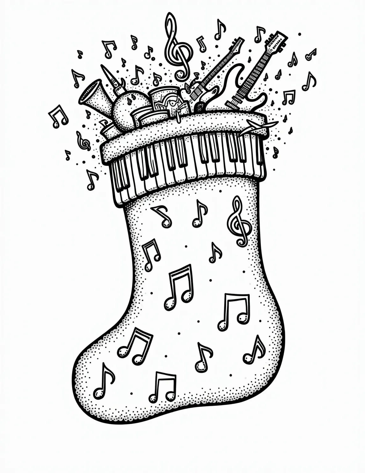 Musical Notes Stocking Coloring Page -- prompt: "black lines only Oversized Christmas stocking outline with bold, chunky musical elements. Piano keys form a wavy cuff, while floating treble clefs, eighth notes, and miniature instruments dance across the fabric. Thick lines define each shape, perfect for coloring. Joyful holiday spirit radiates through flat black lines, premium coloring page, coloring sheet, line drawing, Coloring Book, NO COLOR, NO SHADING, WHITE BACKGROUND. NO GRAY, BLACK AND WHITE, NO COLOR" -- This harmonious coloring page displays a stocking filled with musical joy. The stocking is decorated with musical notes, treble clefs, and small instruments. The cuff resembles a piano keyboard, adding a melodic touch to the design.