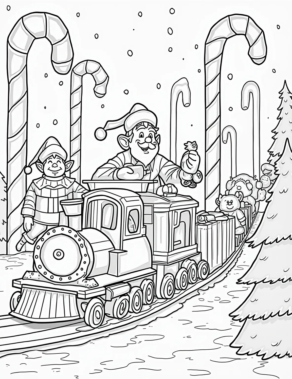 Santa's Workshop Present Production -- prompt: "black lines only Santa's bustling workshop: cheerful elves with exaggerated features wrap presents on winding conveyor belts. Oversized candy canes, toy trains, and teddy bears fill the scene. Bold outlines define each element, creating a playful, easy-to-color design perfect for holiday fun. flat black lines, premium coloring page, coloring sheet, line drawing, Coloring Book, NO COLOR, NO SHADING, WHITE BACKGROUND. NO GRAY, BLACK AND WHITE, NO COLOR" -- Step into Santa's workshop with this bustling coloring page. Elves are hard at work wrapping presents of all sizes, while conveyor belts carry gifts ready for delivery. Santa oversees the operation, checking his list amid the festive chaos.