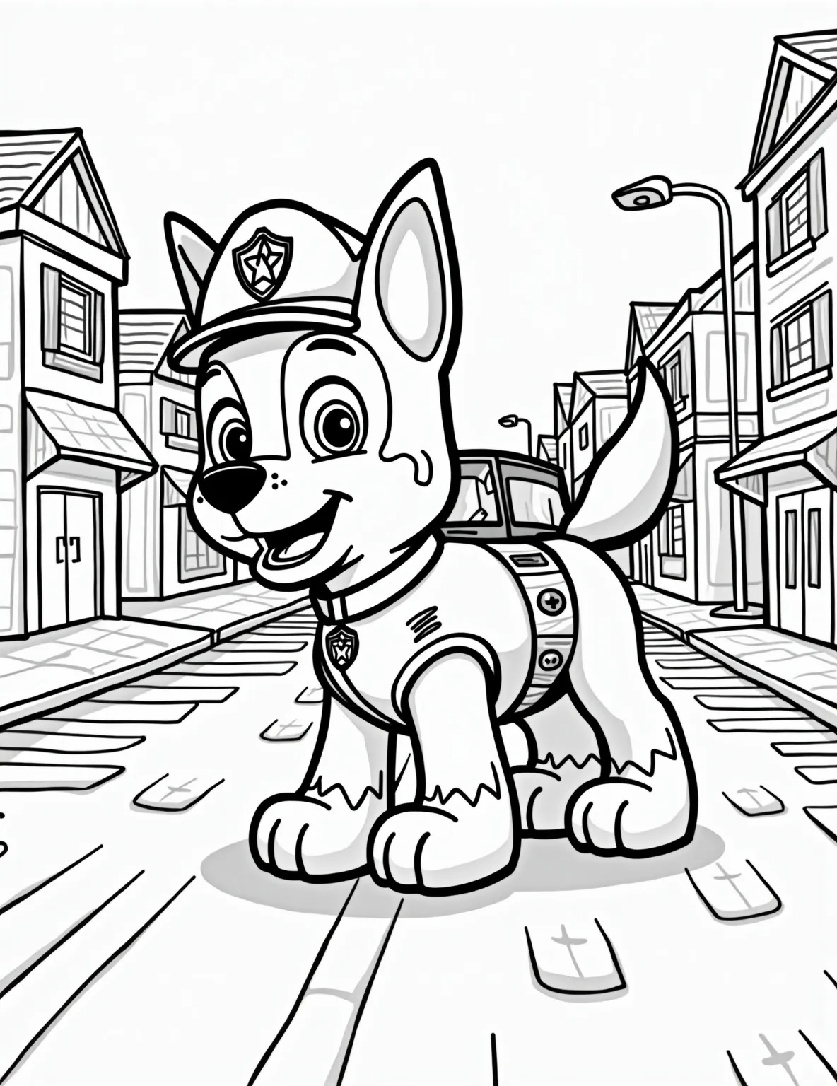 Chase's Traffic Safety Town -- prompt: "black lines only Chase, the friendly police dog, guides children through a colorful miniature town. Bold outlines frame cheerful scenes of traffic signs, zebra crossings, and toy cars. Simple shapes and patterns create an engaging, educational coloring page for young safety enthusiasts. Smiling faces and flat black lines, premium coloring page, coloring sheet, line drawing, Coloring Book, NO COLOR, NO SHADING, WHITE BACKGROUND. NO GRAY, BLACK AND WHITE, NO COLOR" -- Learn about road safety with Chase in this educational coloring page! The scene depicts Chase teaching a group of children about traffic signs, crosswalks, and safe bicycling in a miniature town setting. This page combines fun coloring with important safety lessons, making it both entertaining and informative.