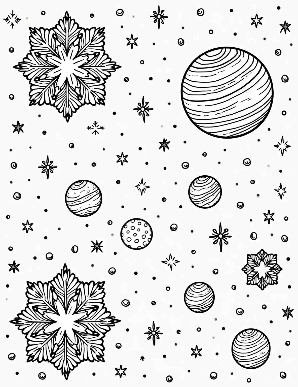 Cosmic Snowflake Galaxy -- prompt: "black lines only Cosmic coloring page: Snowflake-shaped stars twinkle, planet outlines swirl with icy patterns, and galaxy spirals bloom with frosty designs. Thick, bold lines define celestial bodies against a black backdrop. Playful comet trails and asteroid belts weave through the winter-themed space scene. flat black lines, premium coloring page, coloring sheet, line drawing, Coloring Book, NO COLOR, NO SHADING, WHITE BACKGROUND. NO GRAY, BLACK AND WHITE, NO COLOR" -- Explore the vastness of space with a winter twist in this cosmic snowflake galaxy. Snowflakes of various sizes form stars, planets, and swirling galaxies, creating a magical universe of frosty wonder. It's out of this world!