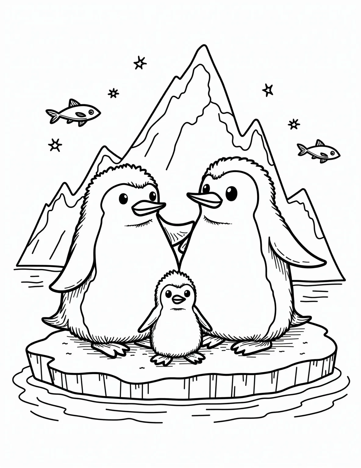 Adorable Penguin Family on Ice Coloring Page -- prompt: "black lines only Adorable emperor penguin family on ice floe. Two adults surround fluffy chick. Bold outlines, simple shapes. Icebergs in background. Large, easy-to-color areas. Playful expressions. Antarctic scene with fish, krill. Wavy lines suggest water. Snowflakes scattered. Perfect for children's coloring book. flat black lines, premium coloring page, coloring sheet, line drawing, Coloring Book, NO COLOR, NO SHADING, WHITE BACKGROUND. NO GRAY, BLACK AND WHITE, NO COLOR" -- Waddle into cuteness with this charming penguin family coloring page. The scene of adult penguins with their fluffy chick captures the heartwarming family dynamics of these Antarctic birds. Ideal for those who love polar animals and family themes.