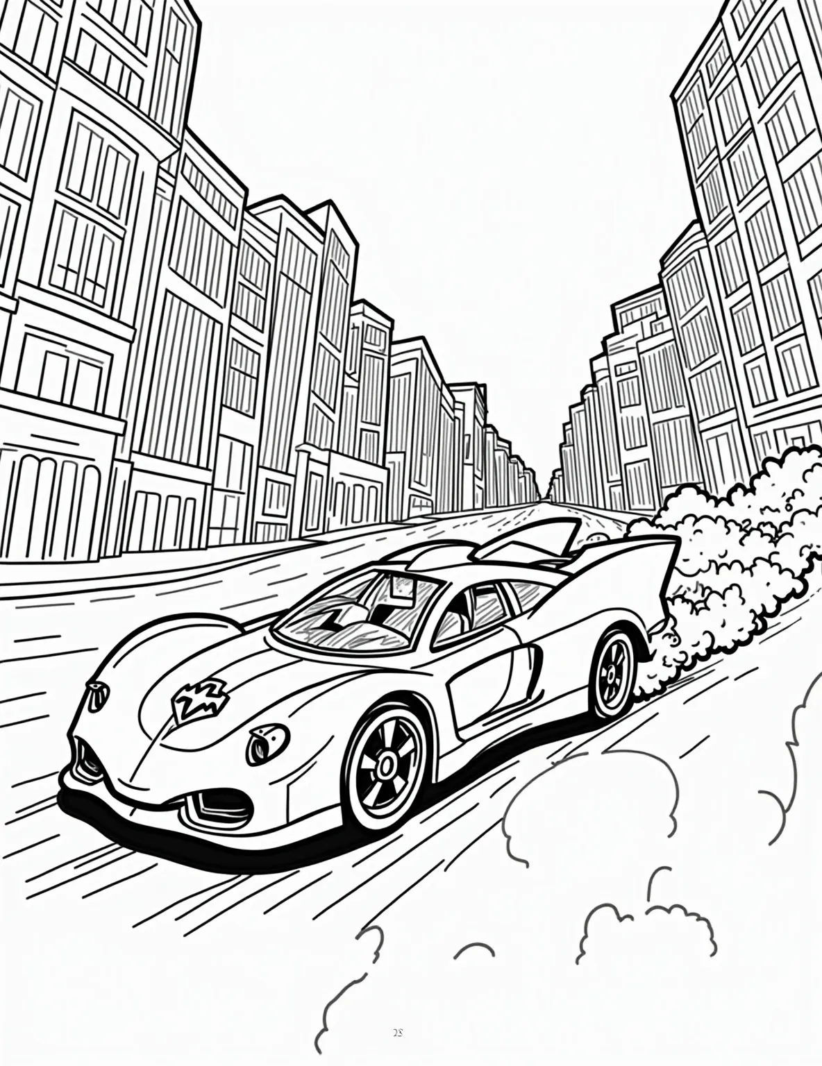 Batmobile Racing Through the Streets Coloring Page -- prompt: "black lines only Batmobile zooms through Gotham's winding streets, bold outlines perfect for coloring. Towering Art Deco buildings frame the scene. Exaggerated curves and sharp angles create a dynamic, playful cityscape. Iconic bat symbol looms large, inviting creative color choices. Stylized steam billows from flat black lines, premium coloring page, coloring sheet, line drawing, Coloring Book, NO COLOR, NO SHADING, WHITE BACKGROUND. NO GRAY, BLACK AND WHITE, NO COLOR" -- Rev up your creativity with this action-packed Batmobile coloring page. The iconic vehicle is depicted speeding through the winding streets of Gotham, its sleek design a testament to Batman's high-tech arsenal. This page is perfect for those who love adding detail to mechanical objects and cityscapes.